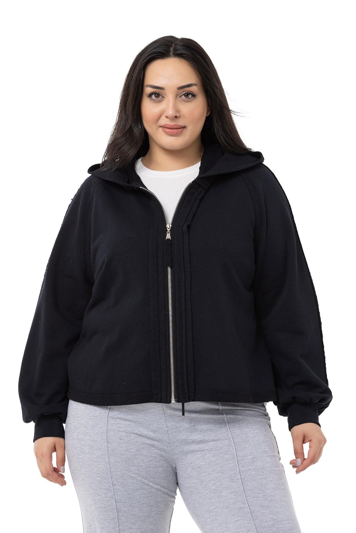 Büyük Beden Kapüşonlu Fermuarlı Üç İplik Siyah Sweatshirt