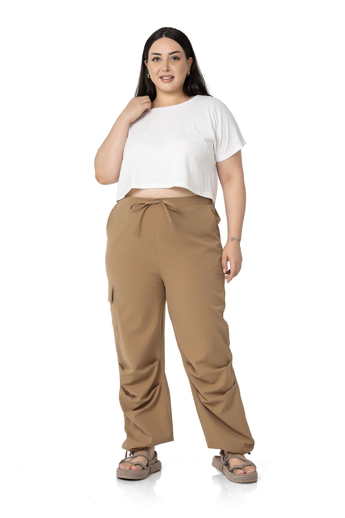 Plus Size Cargo Pocket Parachute Mink Trousers