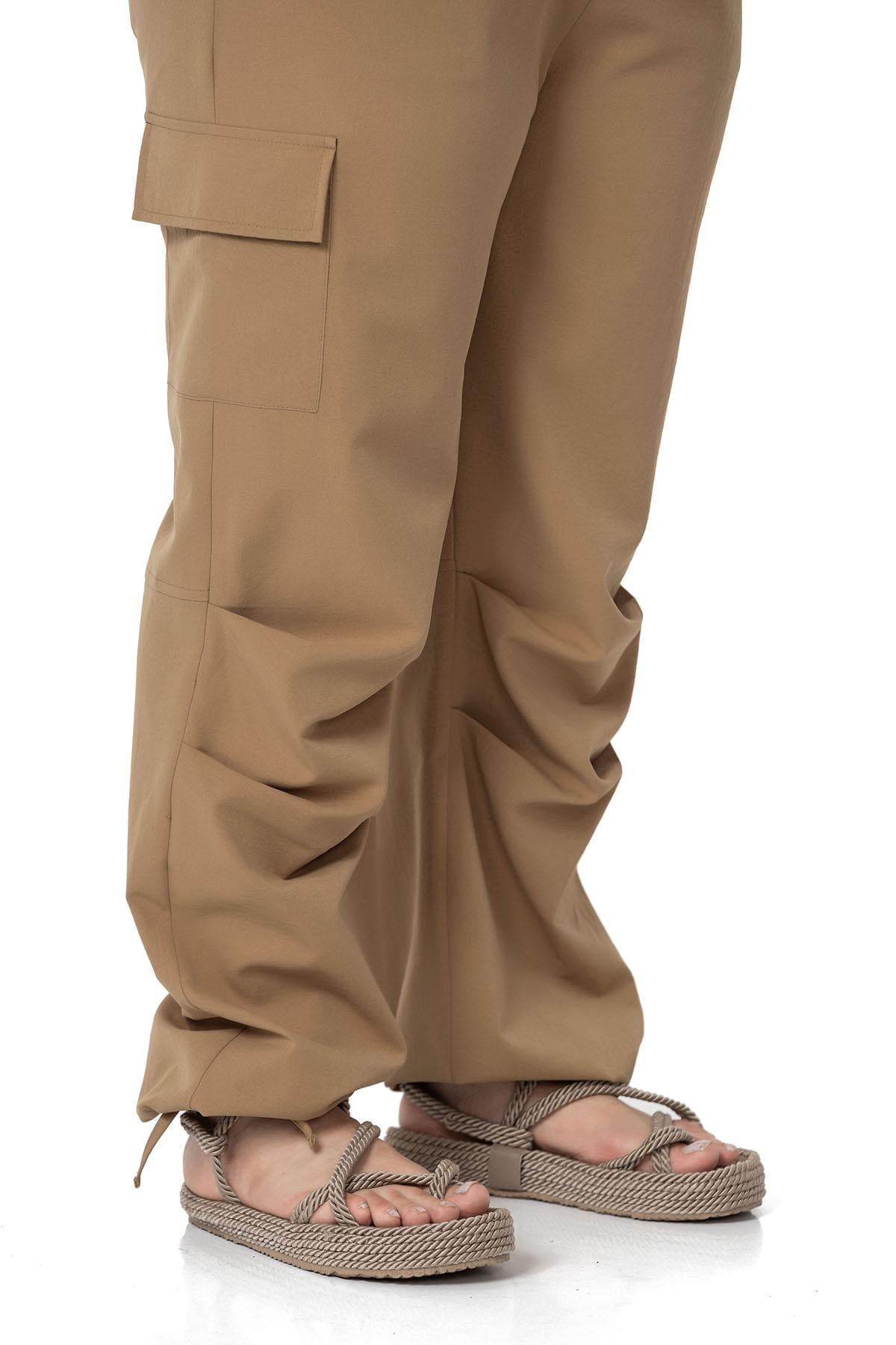 Plus Size Cargo Pocket Parachute Mink Trousers