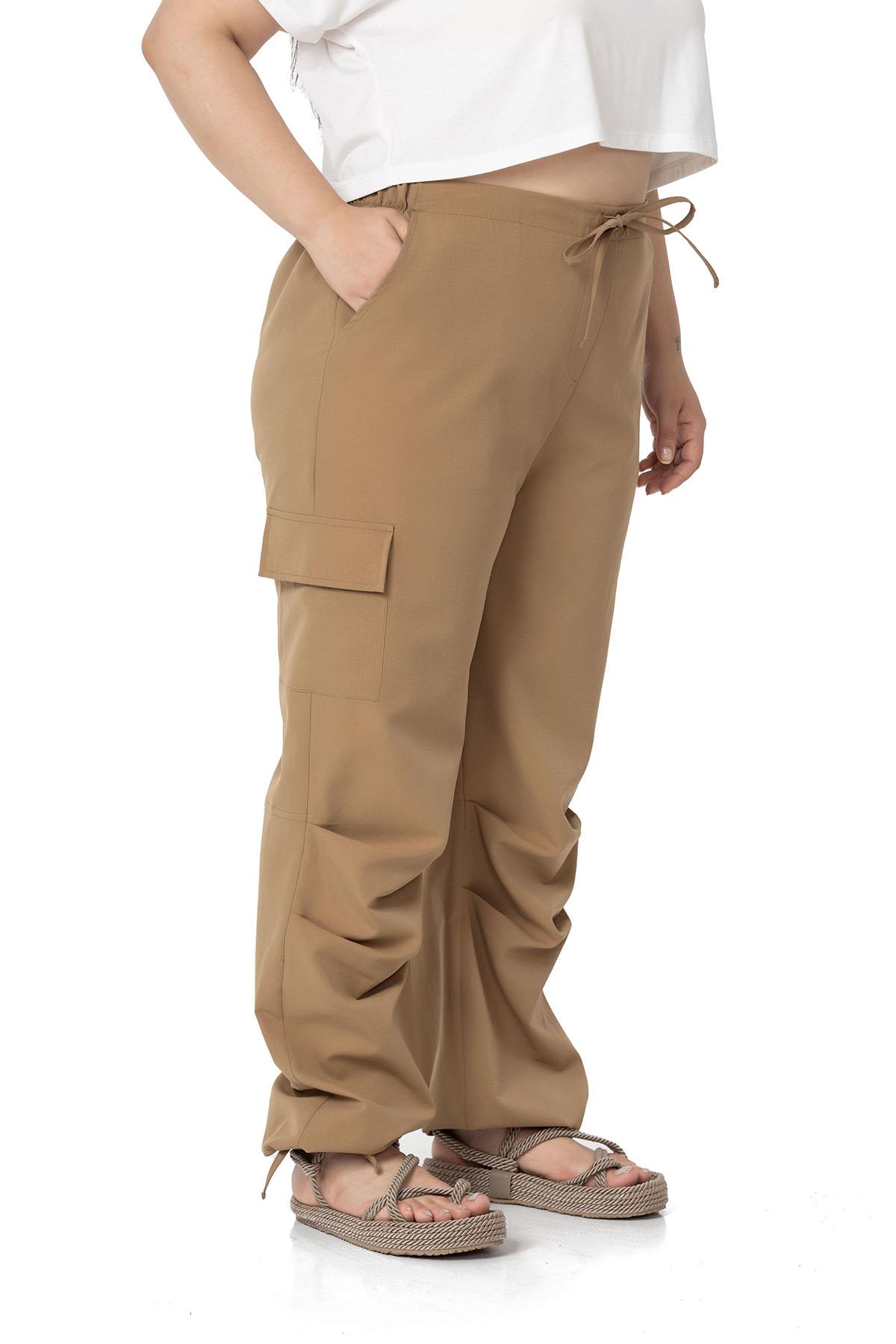 Plus Size Cargo Pocket Parachute Mink Trousers