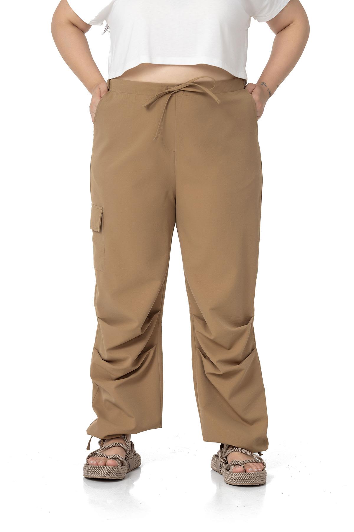 Plus Size Cargo Pocket Parachute Mink Trousers