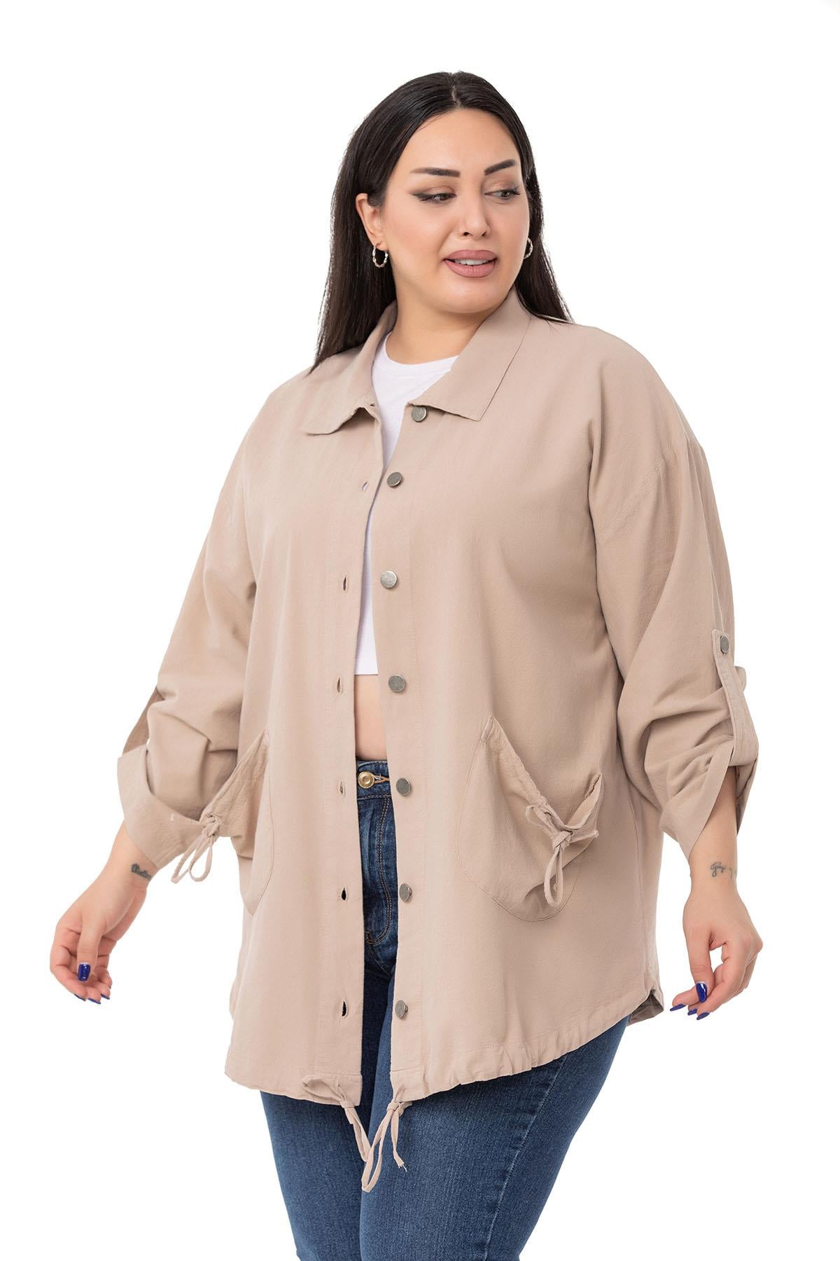 Plus Size Long Beige Jacket with Folded Sleeves and Gather Detail