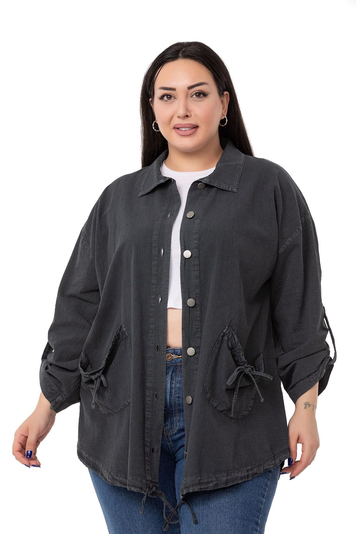 Plus Size Long Black Jacket with Folded Sleeves and Gather Detail