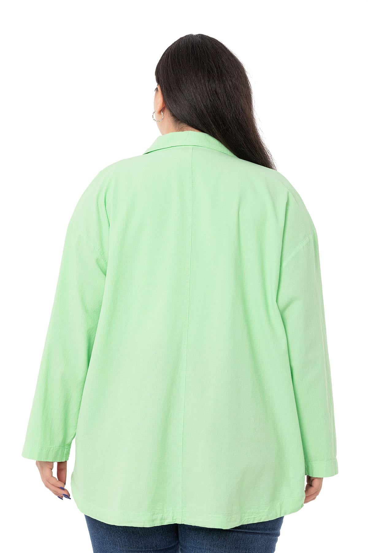 Plus Size Long Green Jacket with Folded Sleeves and Gather Detail