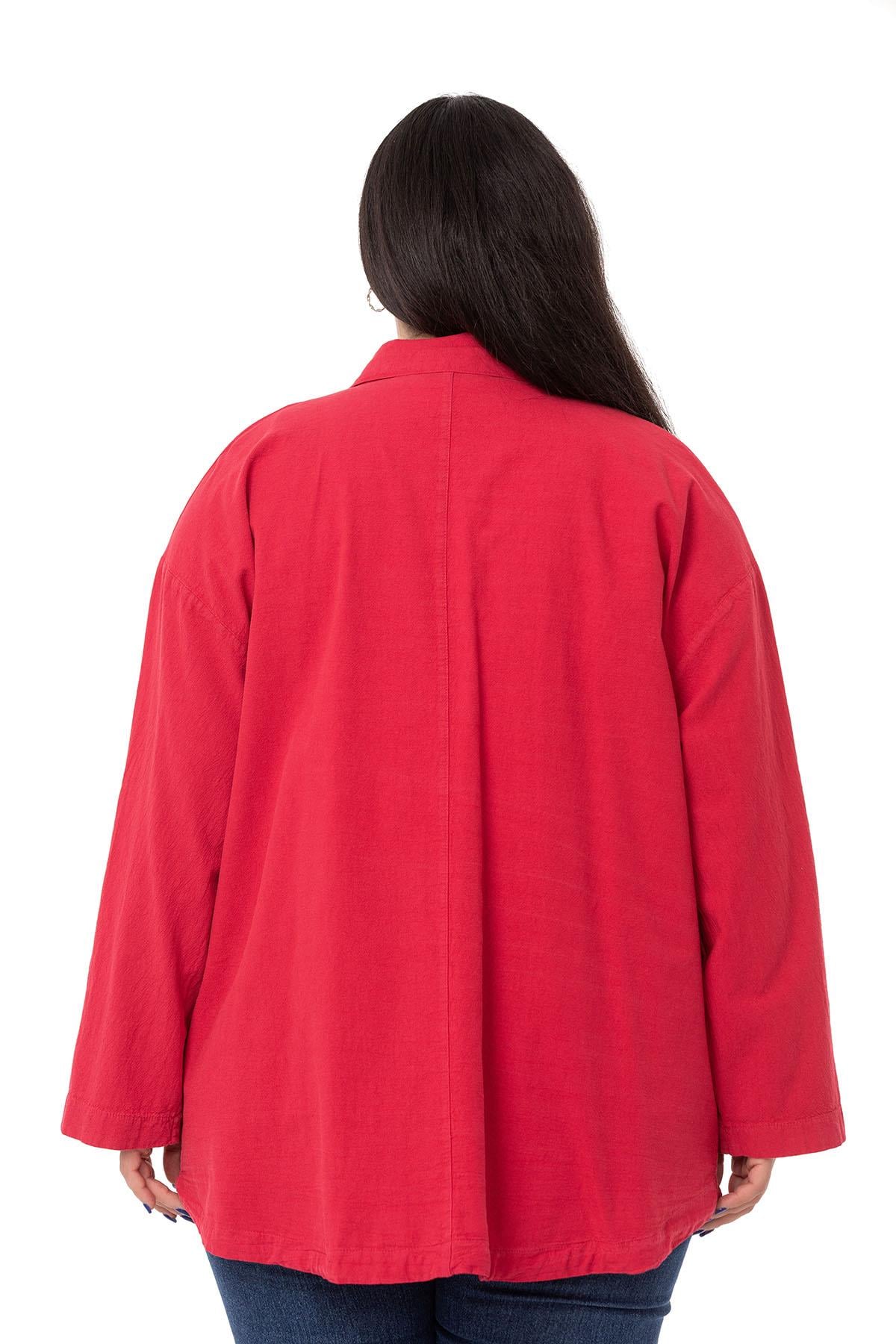 Plus Size Long Red Jacket with Folded Sleeves and Gather Detail