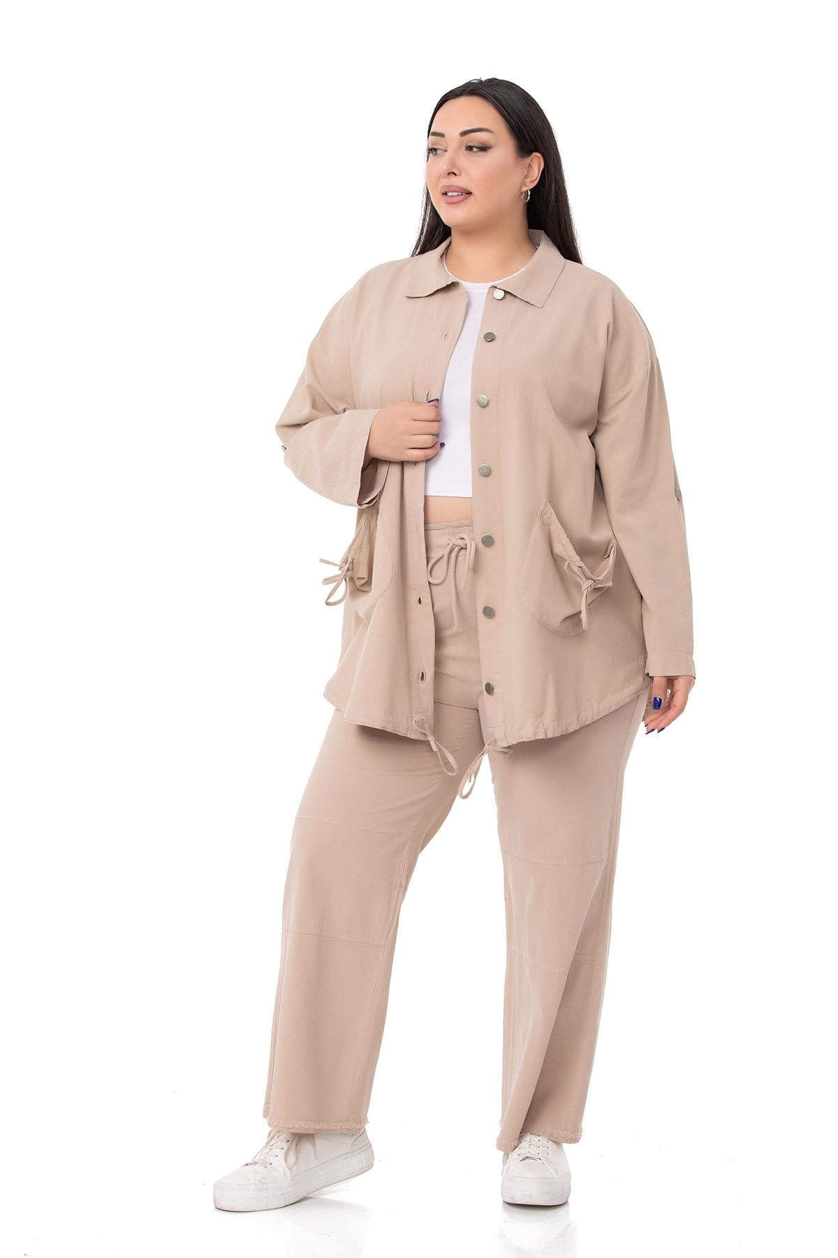 Plus Size Long Beige Jacket with Folded Sleeves and Gather Detail