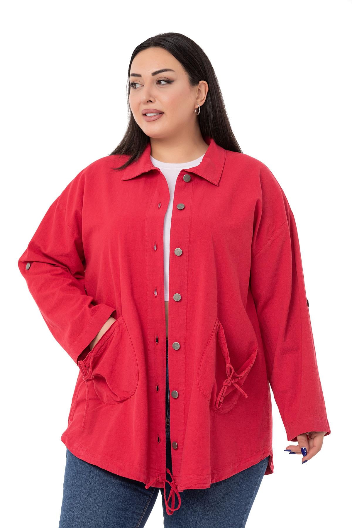 Plus Size Long Red Jacket with Folded Sleeves and Gather Detail