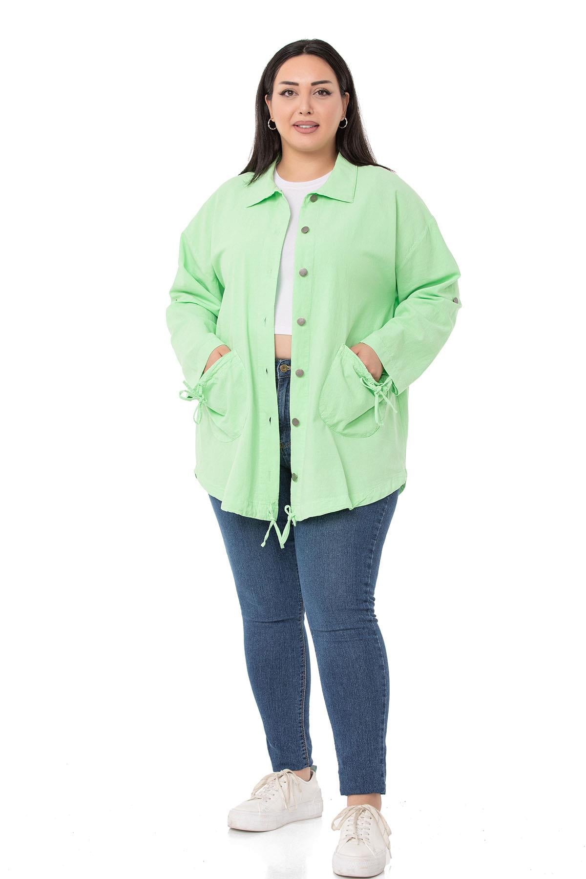 Plus Size Long Green Jacket with Folded Sleeves and Gather Detail