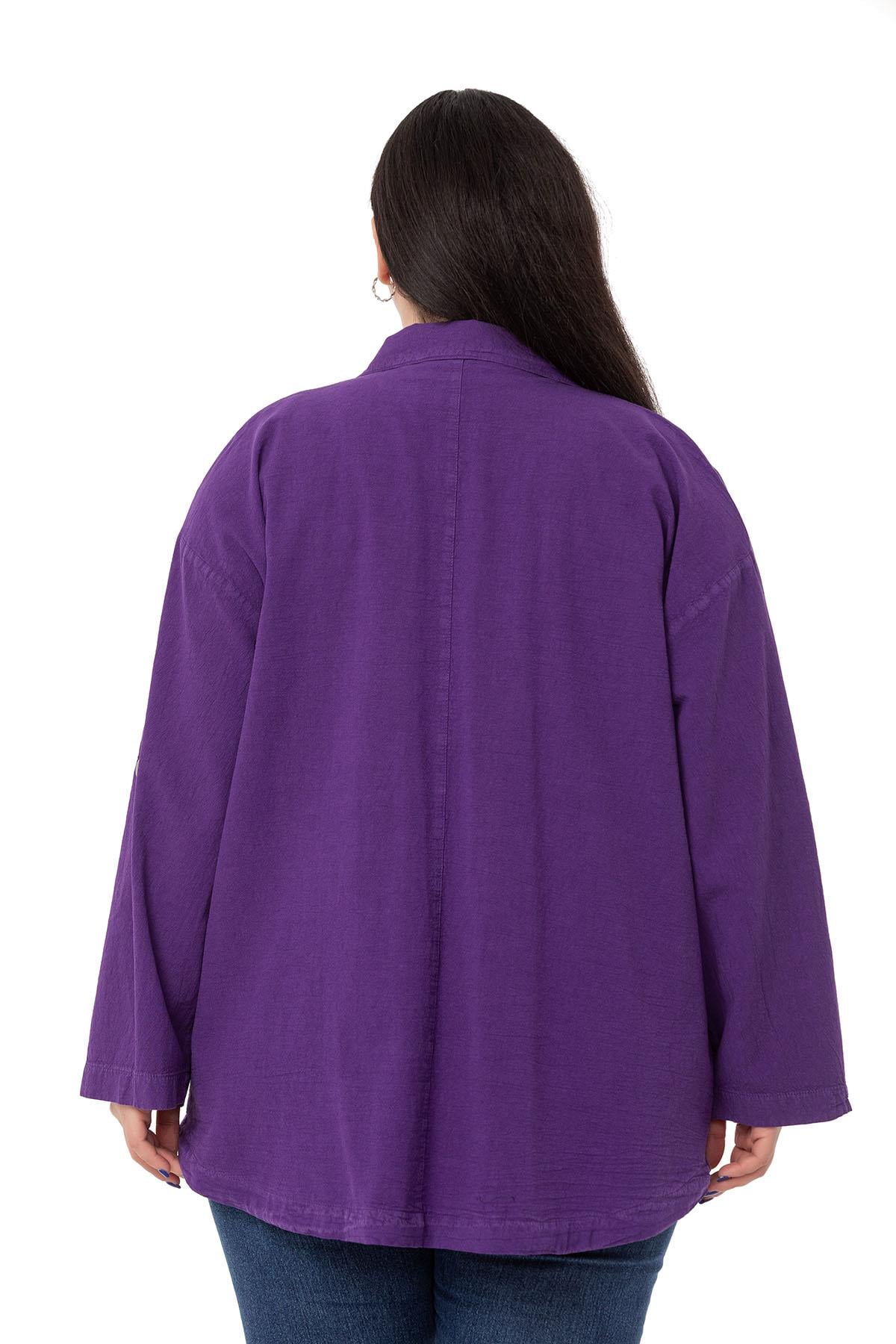 Plus Size Long Purple Jacket with Folded Sleeves and Gather Detail