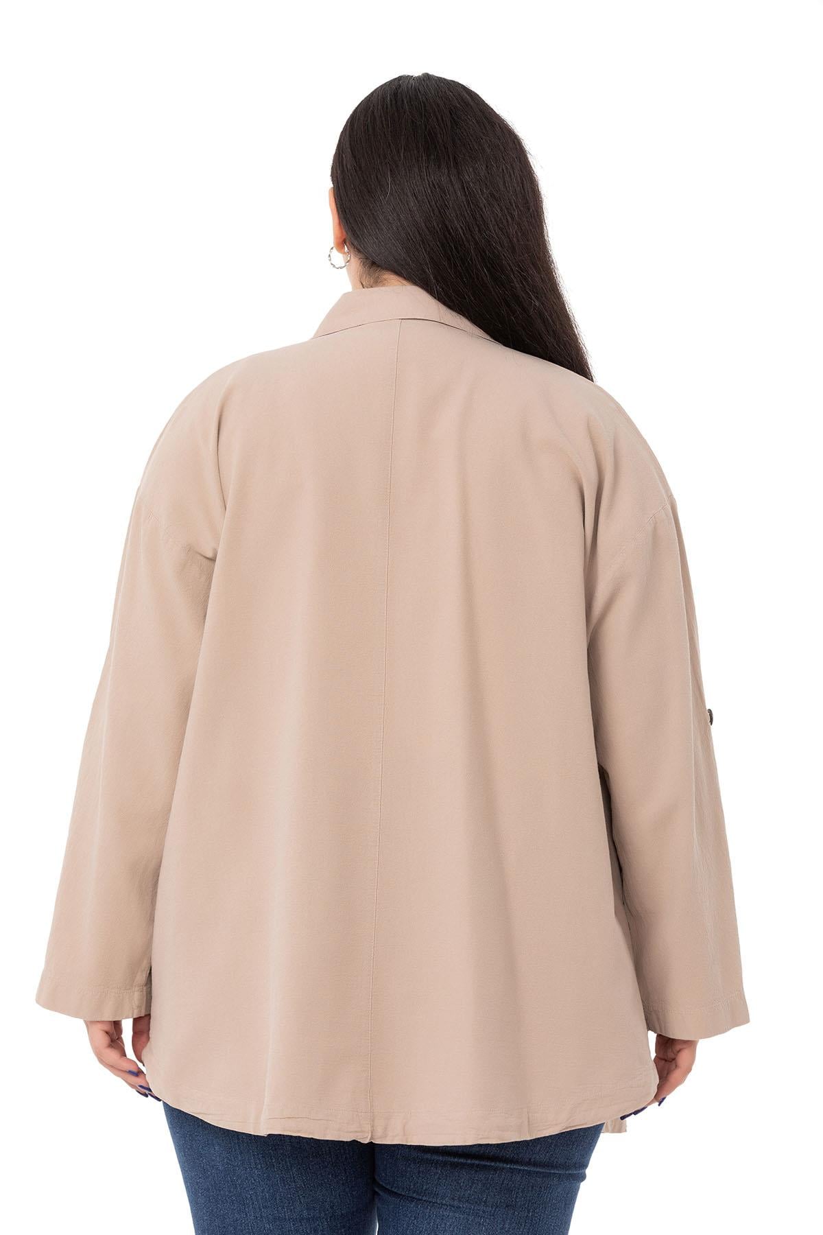 Plus Size Long Beige Jacket with Folded Sleeves and Gather Detail