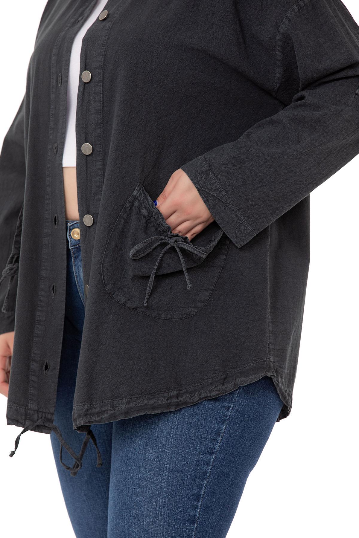 Plus Size Long Black Jacket with Folded Sleeves and Gather Detail