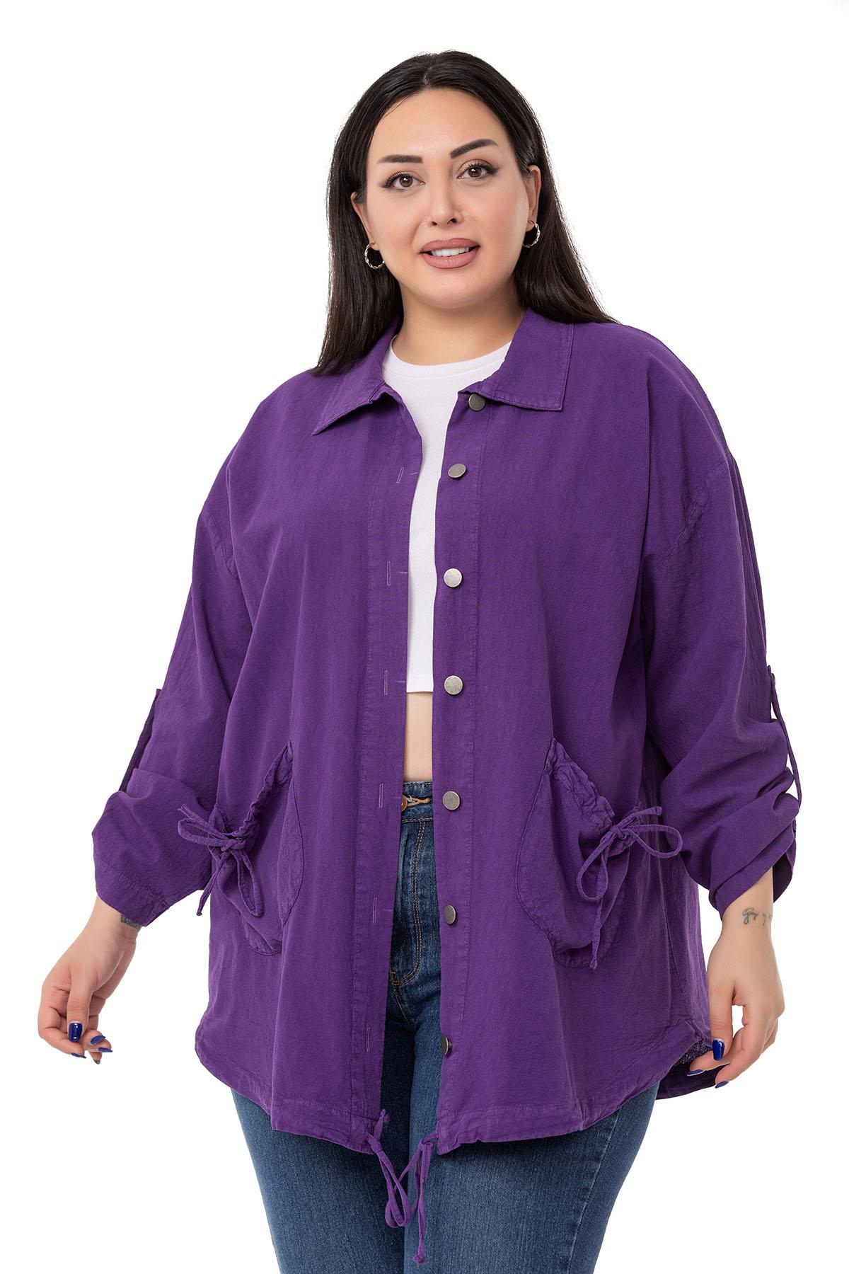 Plus Size Long Purple Jacket with Folded Sleeves and Gather Detail