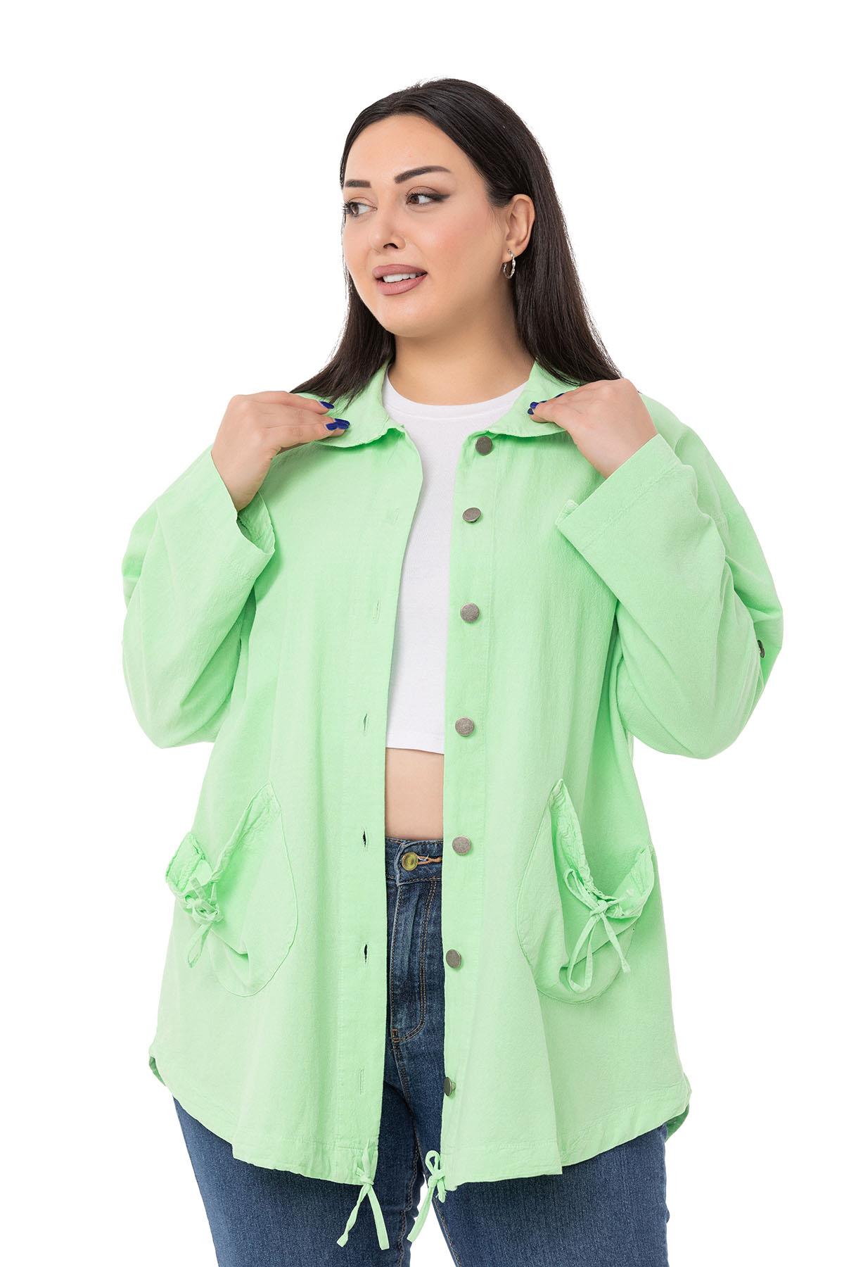 Plus Size Long Green Jacket with Folded Sleeves and Gather Detail