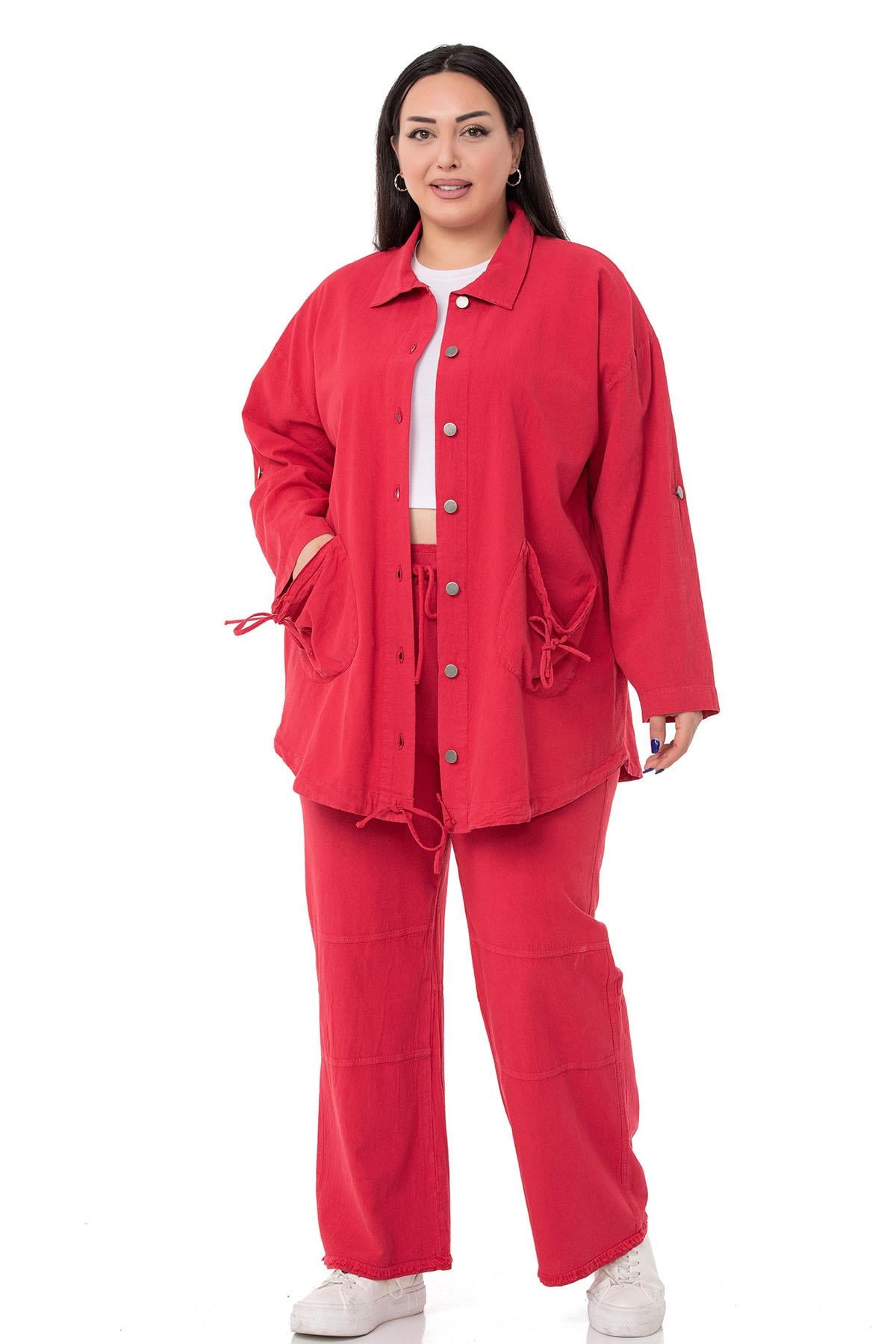Plus Size Long Red Jacket with Folded Sleeves and Gather Detail