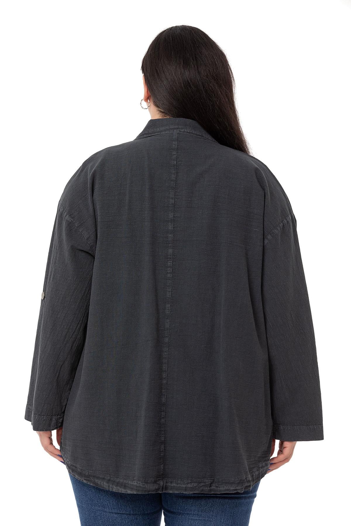 Plus Size Long Black Jacket with Folded Sleeves and Gather Detail