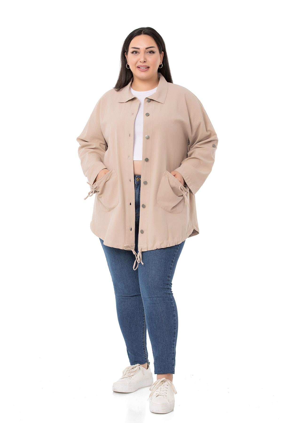 Plus Size Long Beige Jacket with Folded Sleeves and Gather Detail