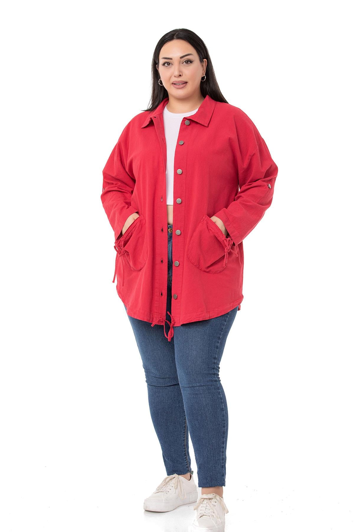 Plus Size Long Red Jacket with Folded Sleeves and Gather Detail