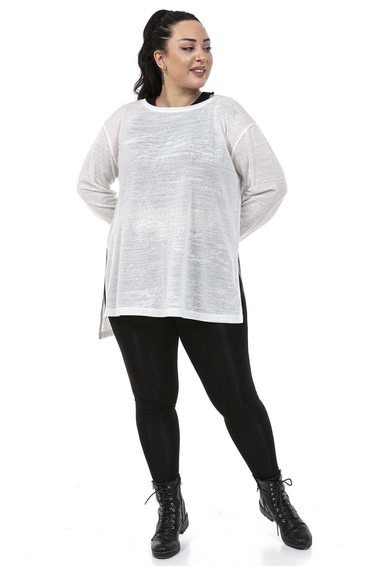 Plus Size Boat Neck Flared White Blouse with Side Slit Detail