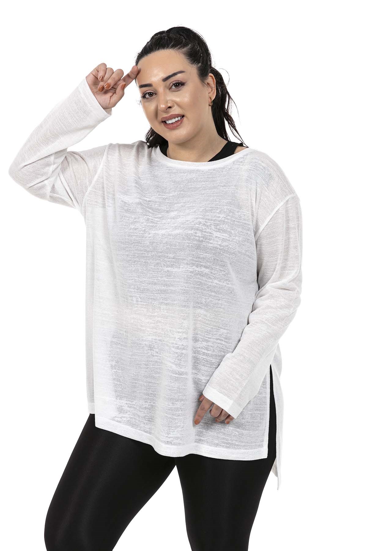 Plus Size Boat Neck Flared White Blouse with Side Slit Detail