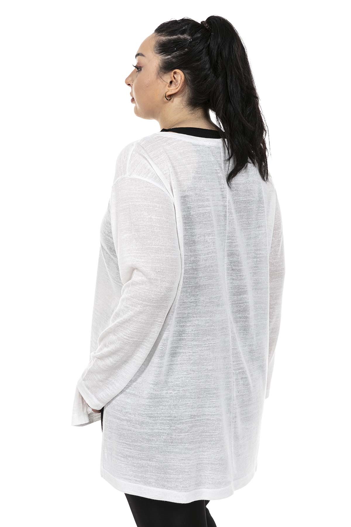 Plus Size Boat Neck Flared White Blouse with Side Slit Detail