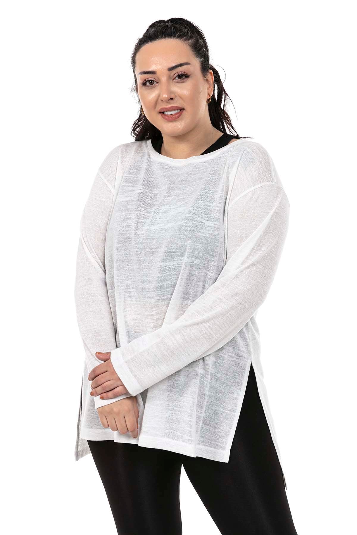 Plus Size Boat Neck Flared White Blouse with Side Slit Detail