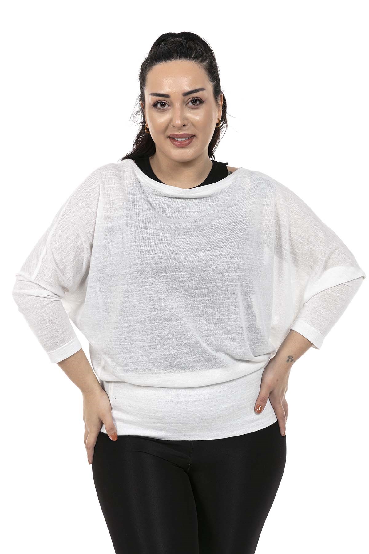 Plus Size Boat Neck Bat Sleeve Skirt Wide Band Flared White Blouse