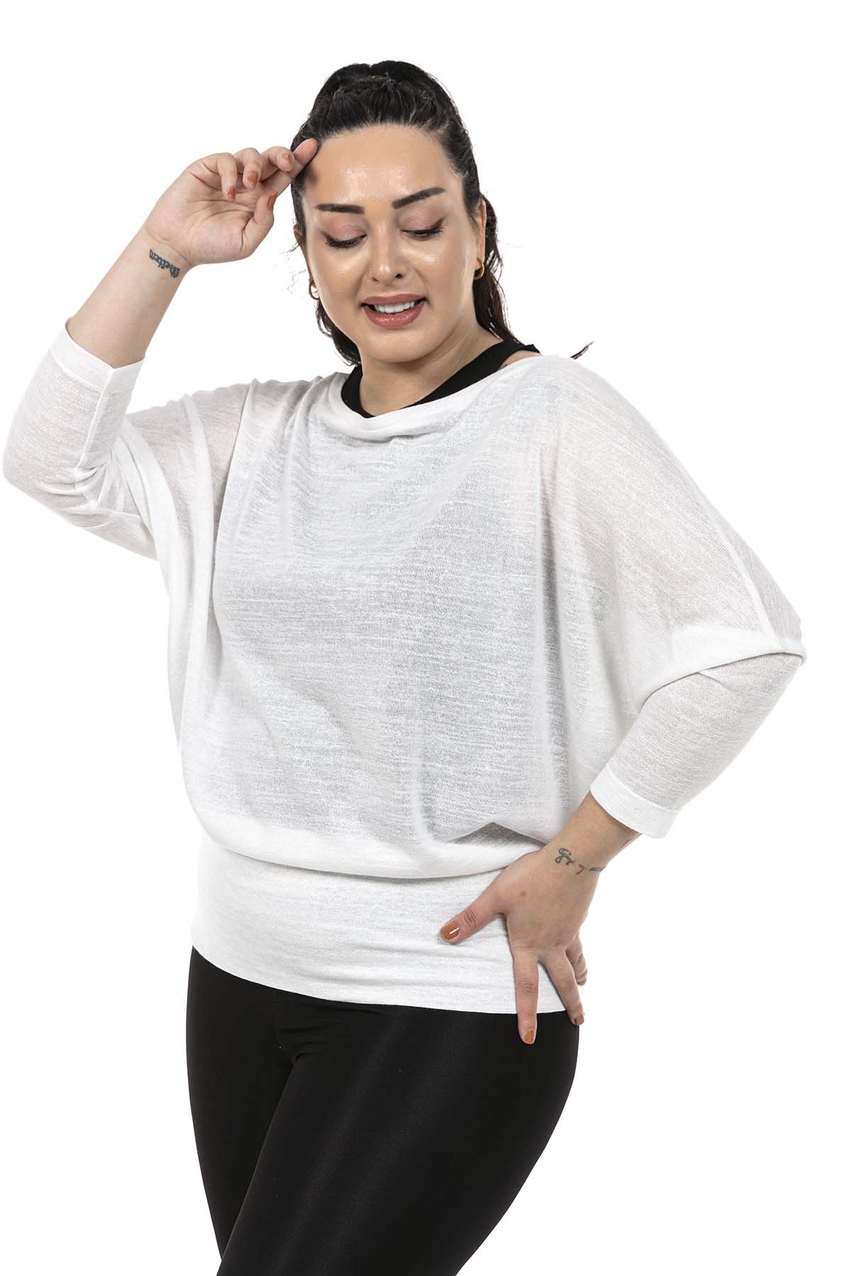 Plus Size Boat Neck Bat Sleeve Skirt Wide Band Flared White Blouse