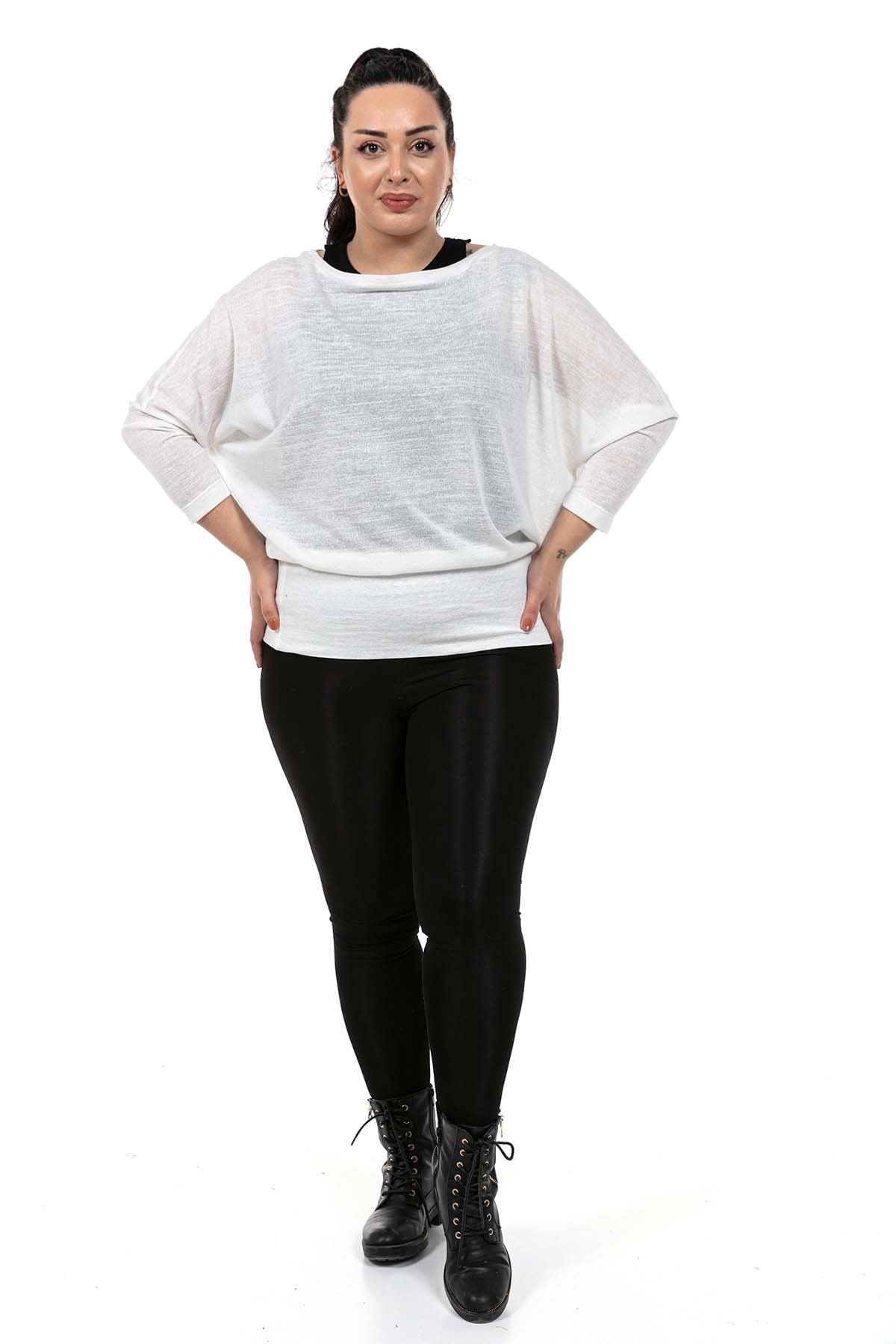 Plus Size Boat Neck Bat Sleeve Skirt Wide Band Flared White Blouse