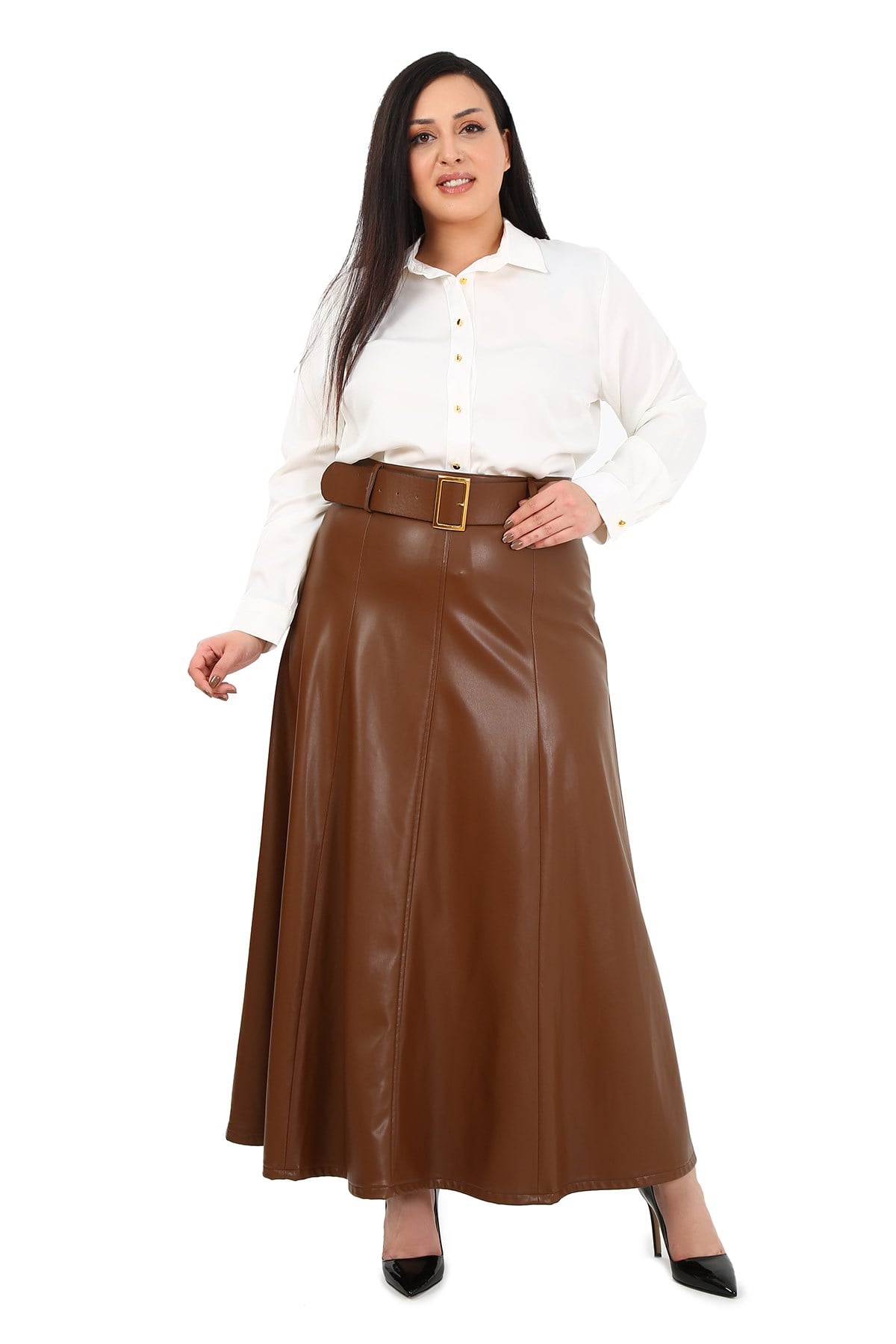 Plus Size Belted Long Brown Leather Skirt