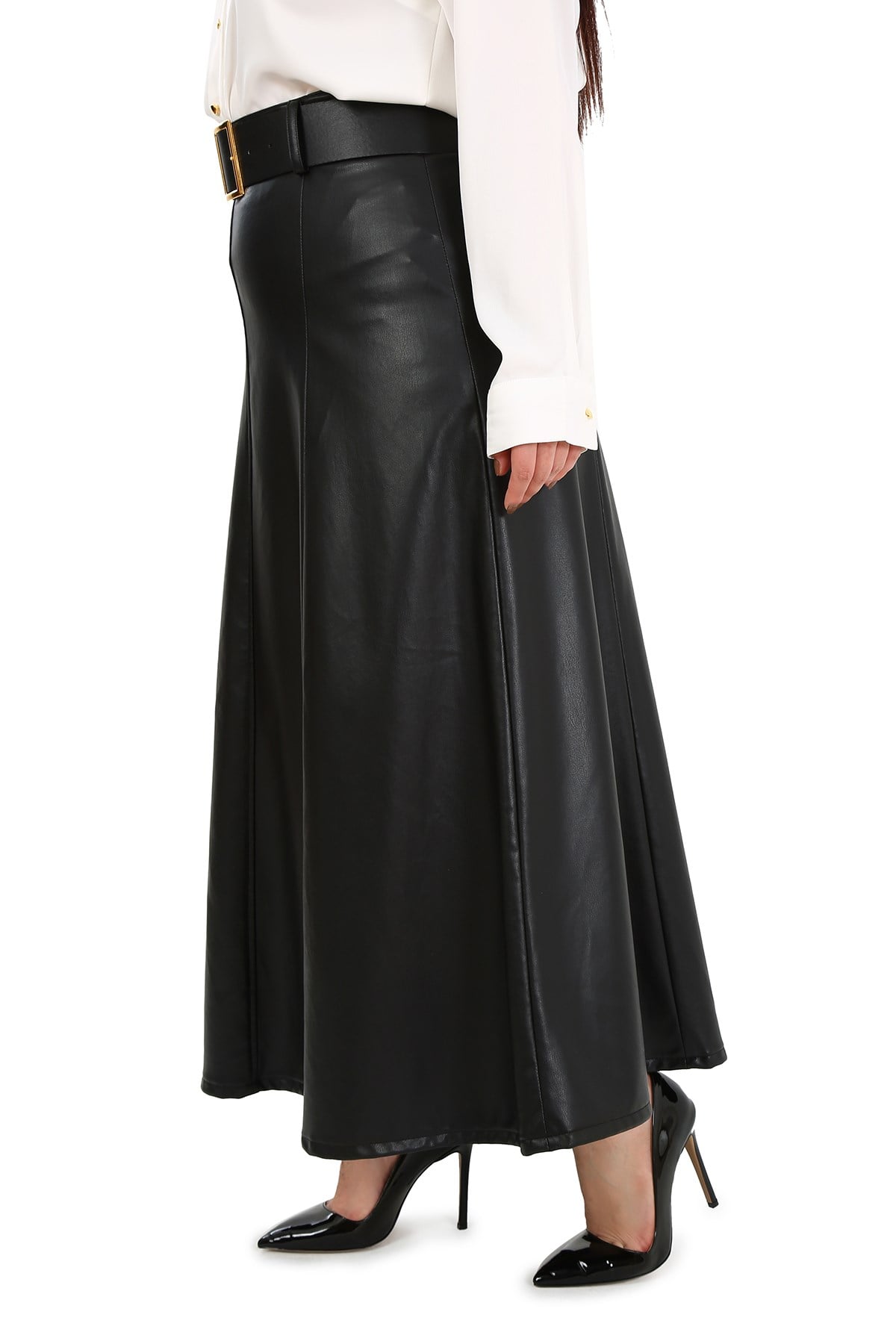 Plus Size Belted Long Black Leather Skirt