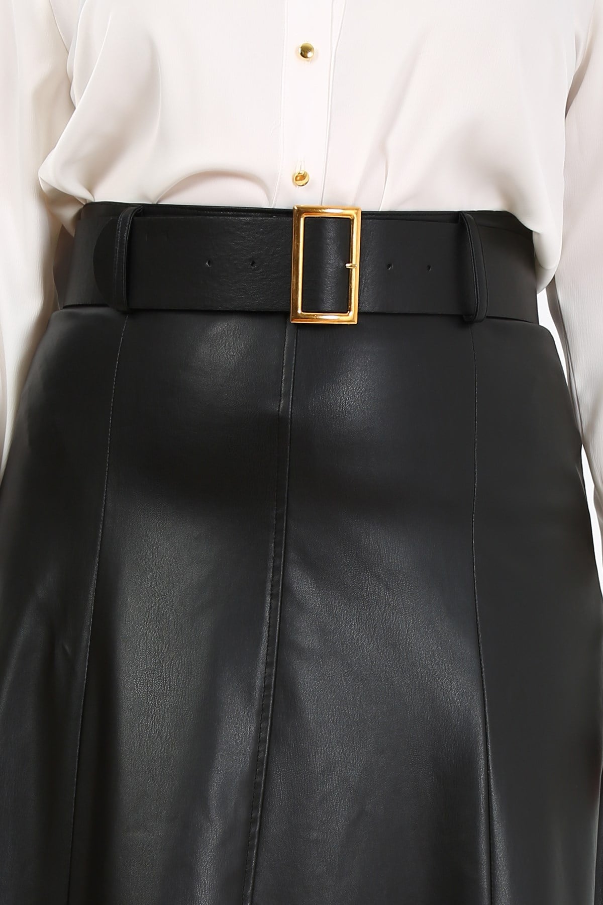 Plus Size Belted Long Black Leather Skirt