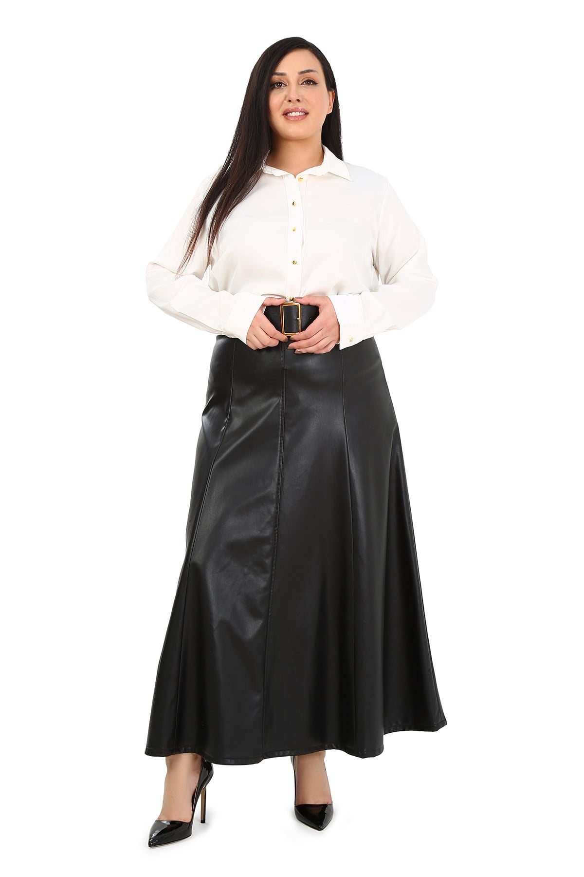Plus Size Belted Long Black Leather Skirt