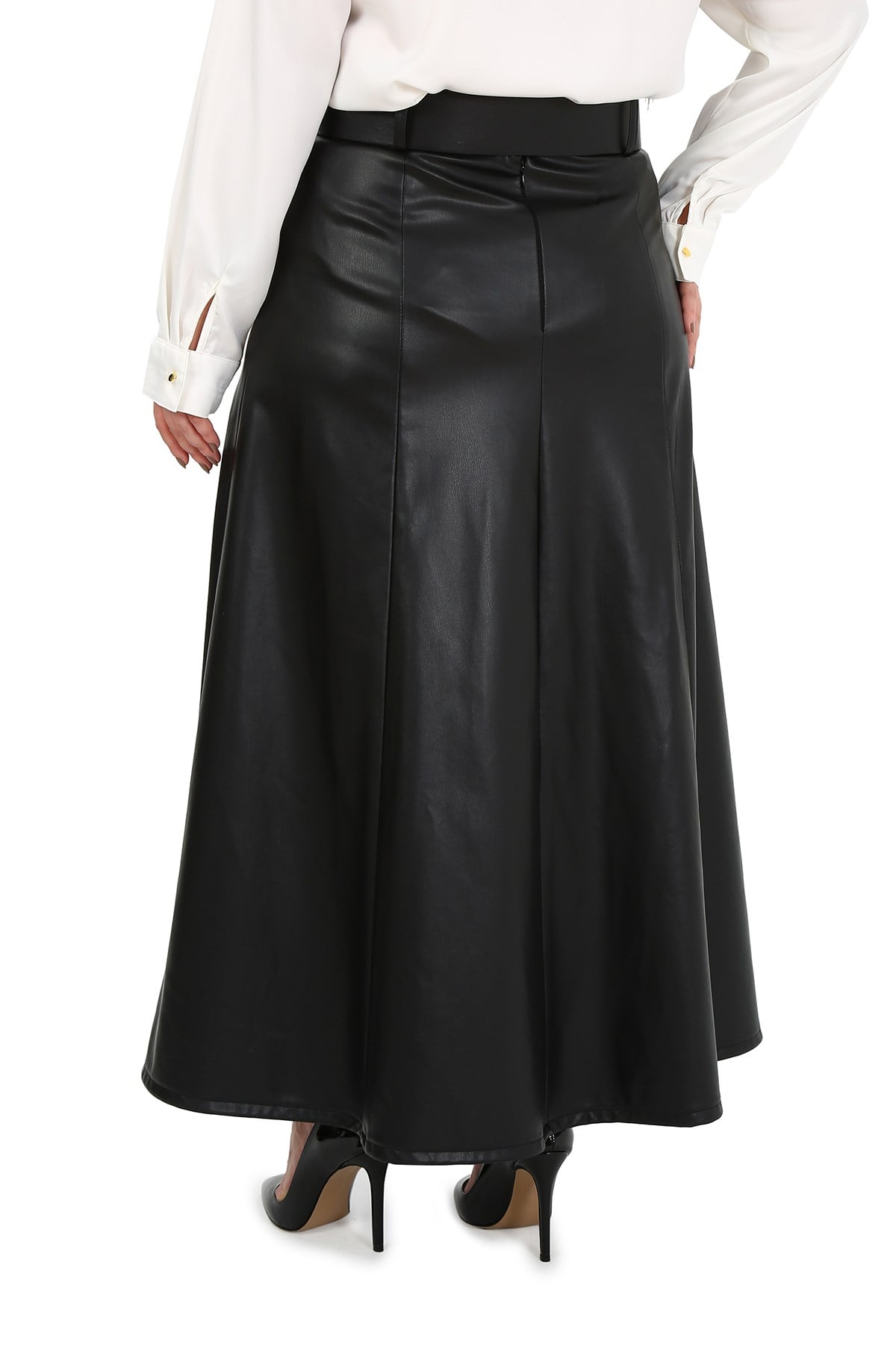 Plus Size Belted Long Black Leather Skirt