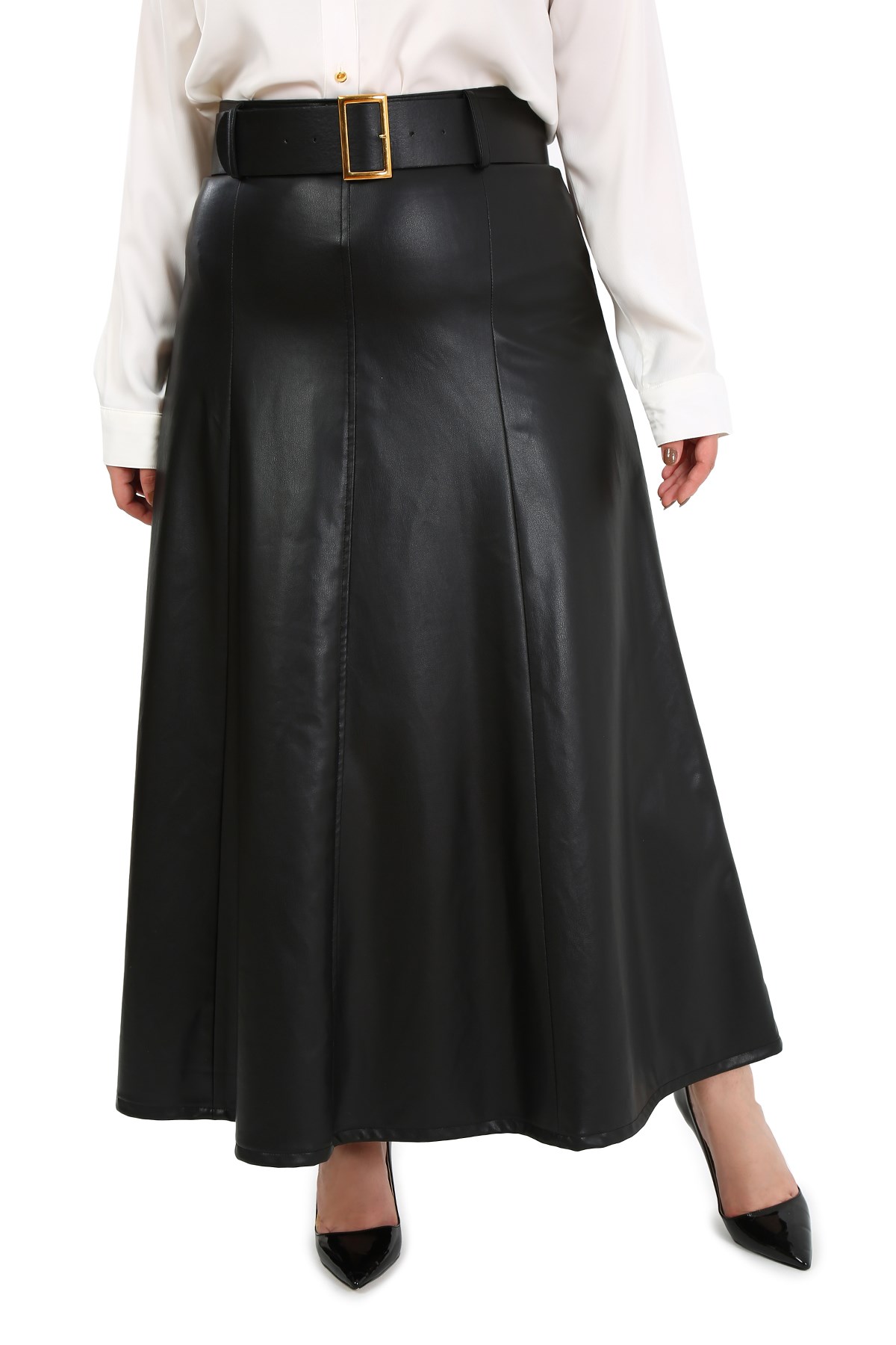 Plus Size Belted Long Black Leather Skirt