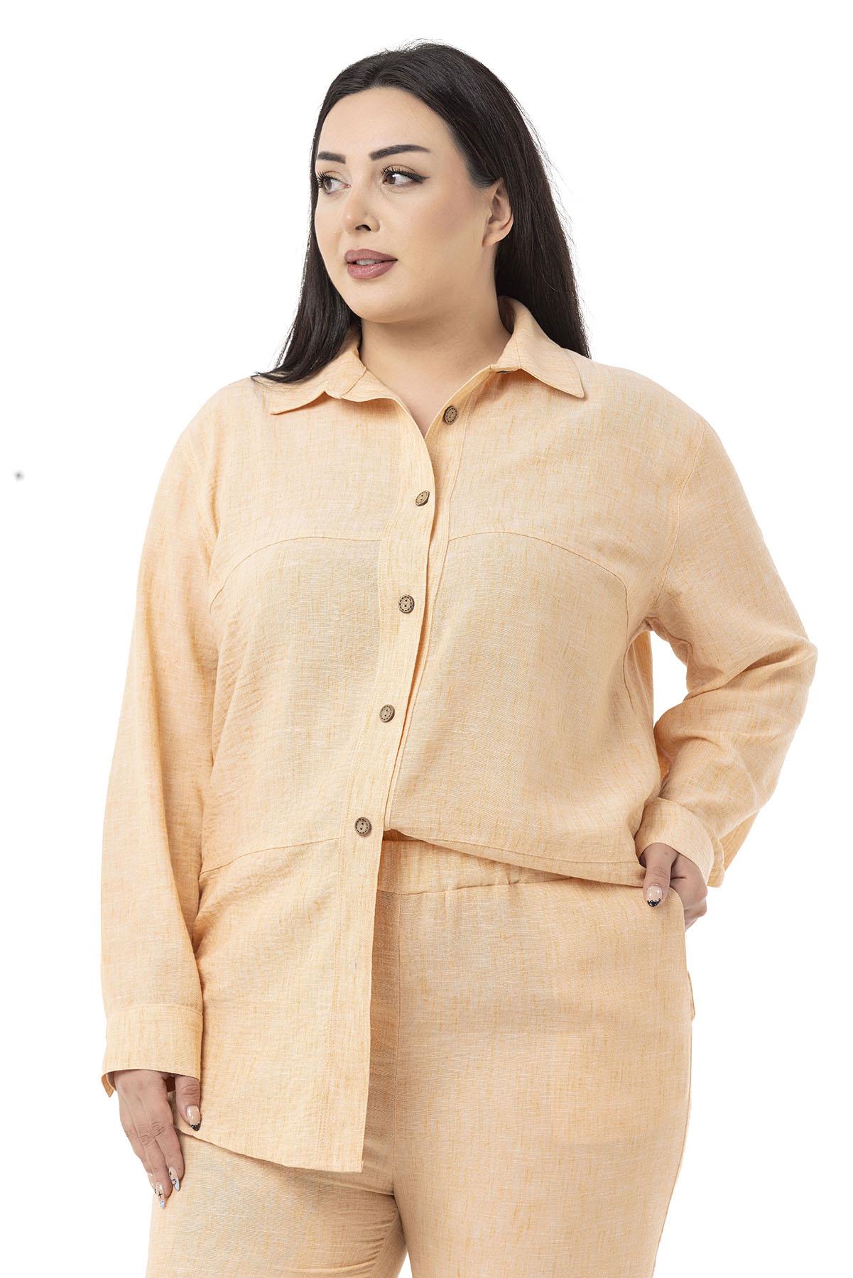 Büyük Beden Keten Gömlek Pantolon Somon İkili Takım