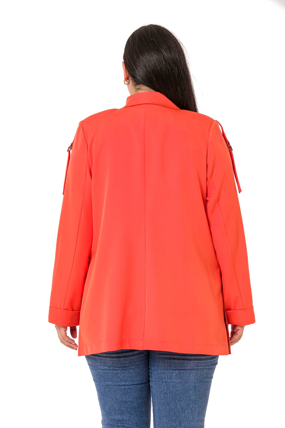 Plus Size Orange Jacket with Shoulder Ribbon and D Buckle Detail and Side Slits