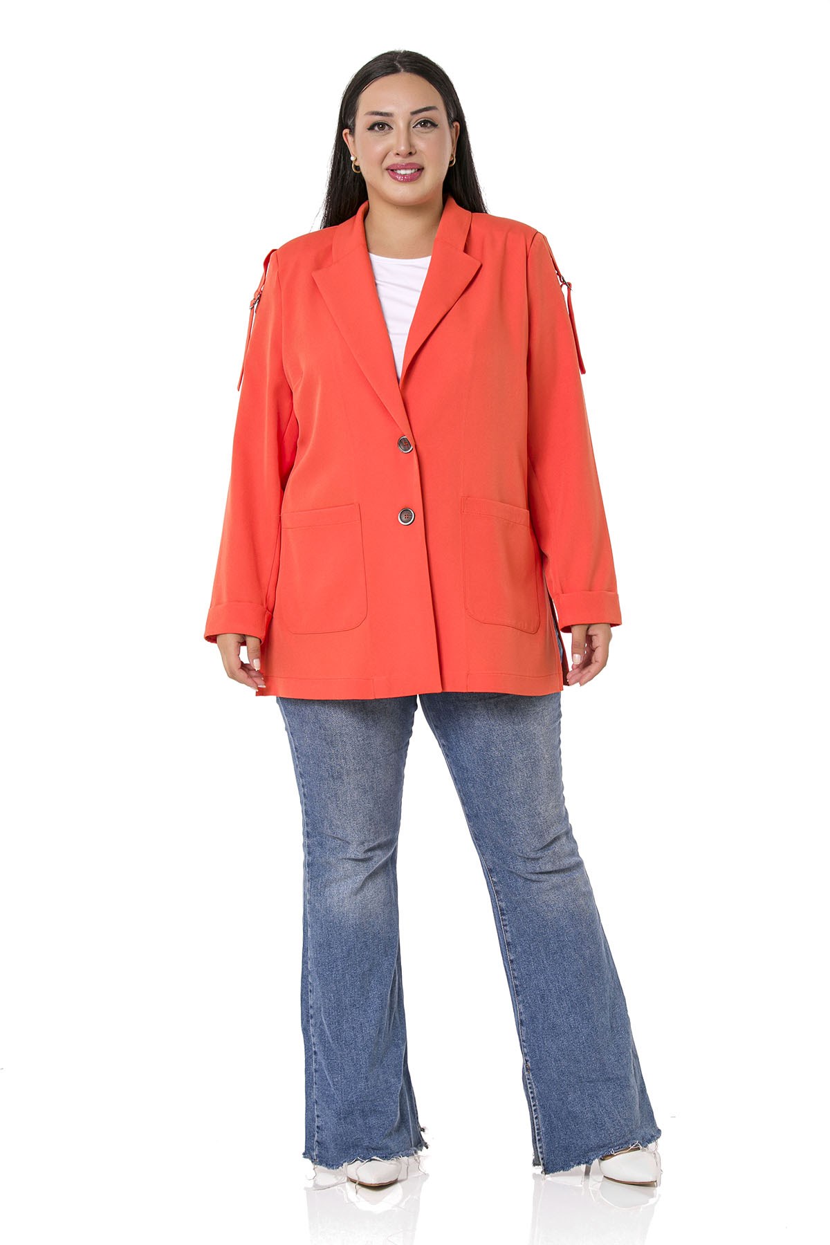Plus Size Orange Jacket with Shoulder Ribbon and D Buckle Detail and Side Slits