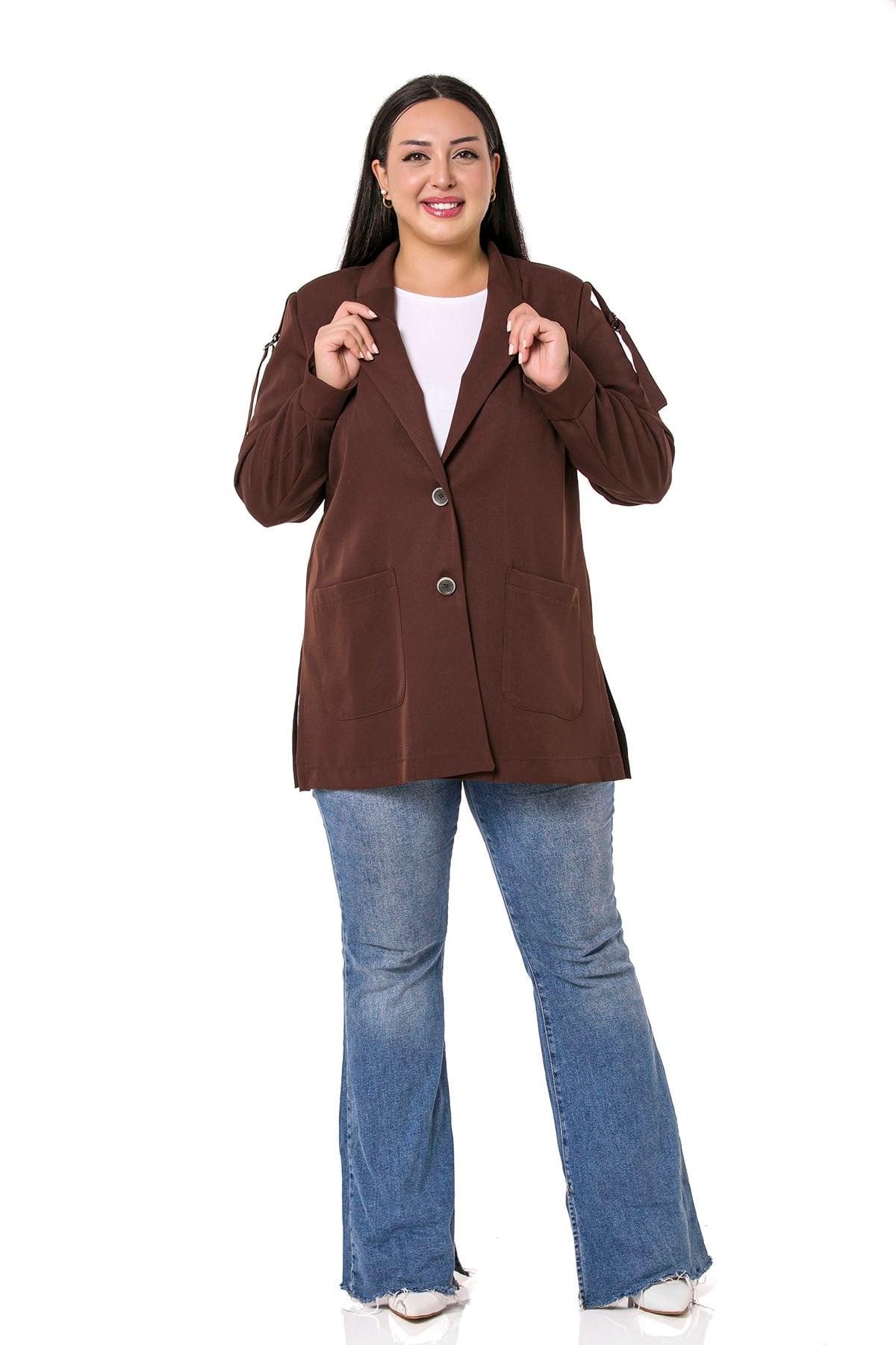 Plus Size Brown Jacket with Shoulder Ribbon and D Buckle Detail and Side Slits