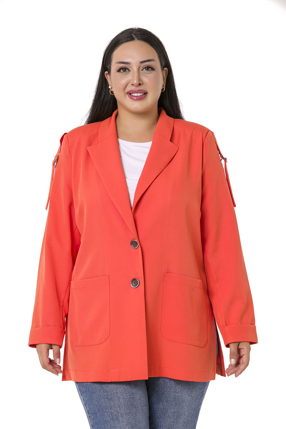 Plus Size Orange Jacket with Shoulder Ribbon and D Buckle Detail and Side Slits