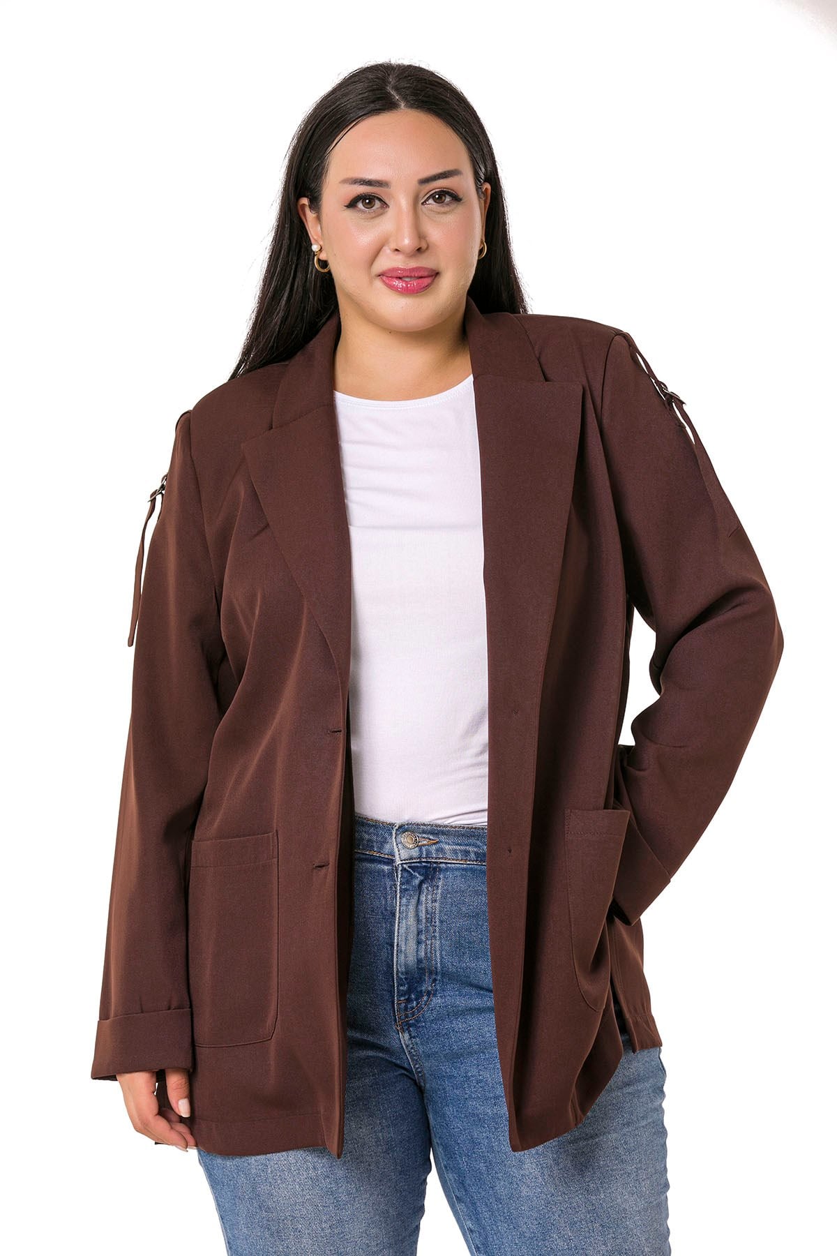 Plus Size Brown Jacket with Shoulder Ribbon and D Buckle Detail and Side Slits