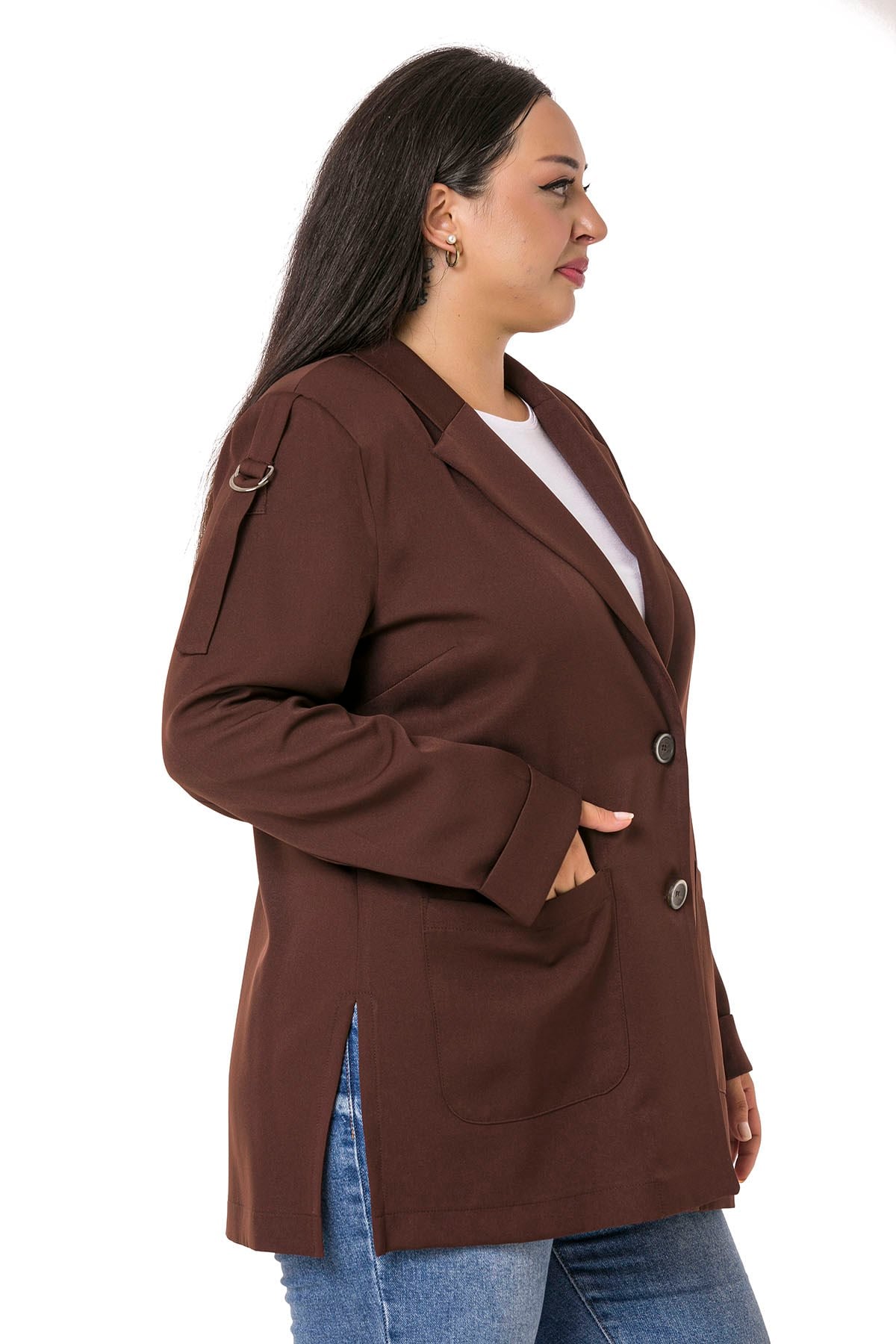 Plus Size Brown Jacket with Shoulder Ribbon and D Buckle Detail and Side Slits