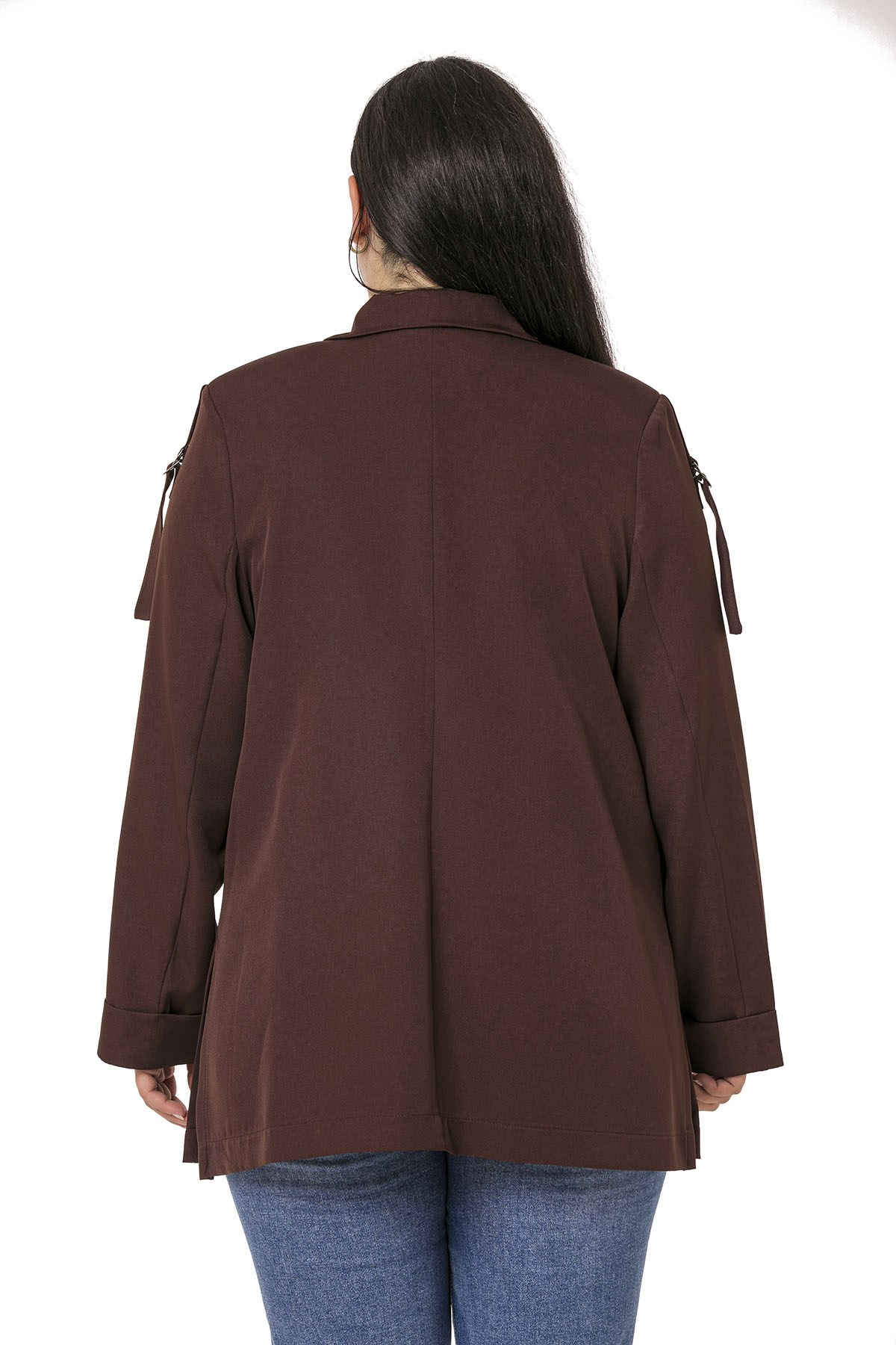 Plus Size Brown Jacket with Shoulder Ribbon and D Buckle Detail and Side Slits