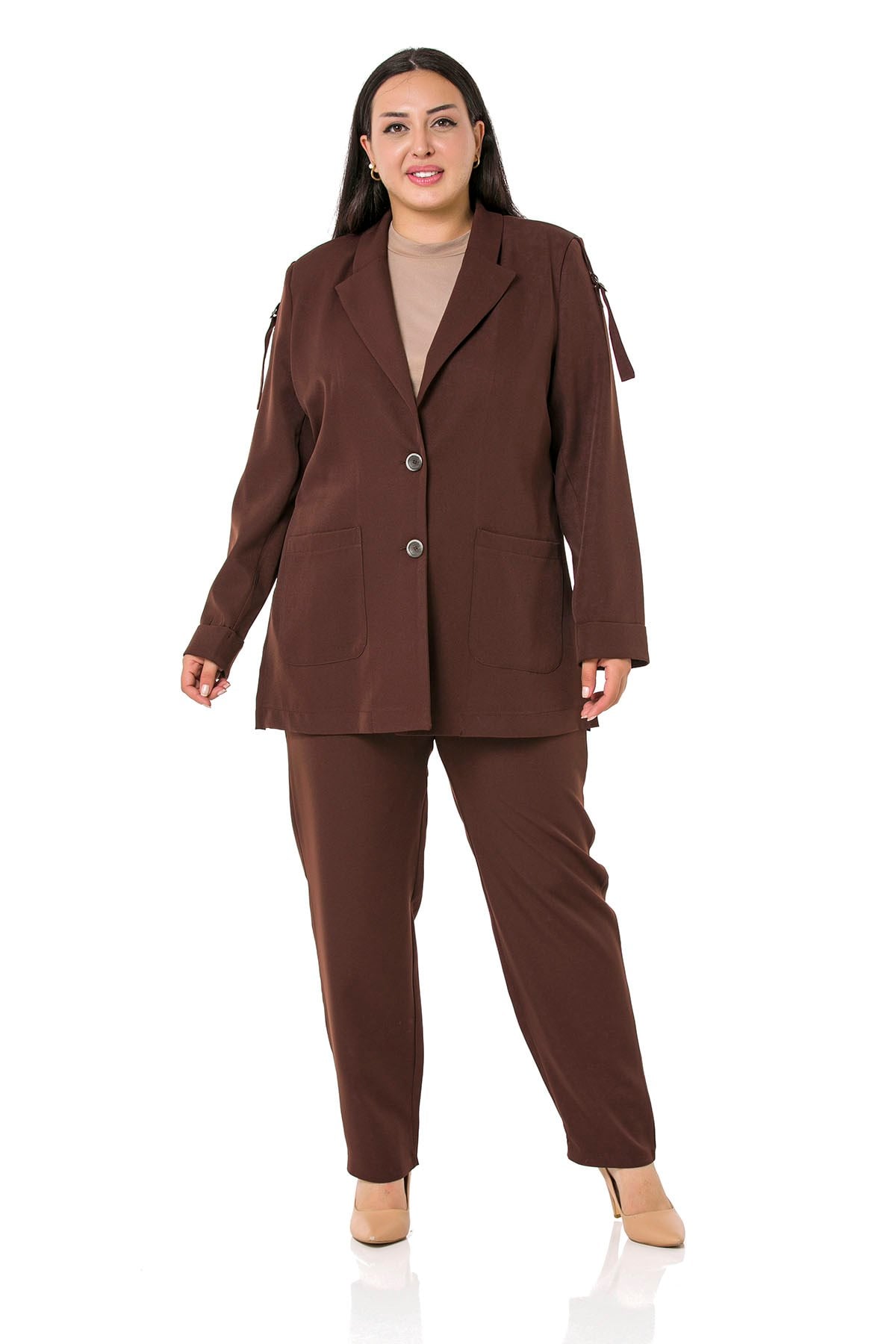 Plus Size Brown Jacket with Shoulder Ribbon and D Buckle Detail and Side Slits
