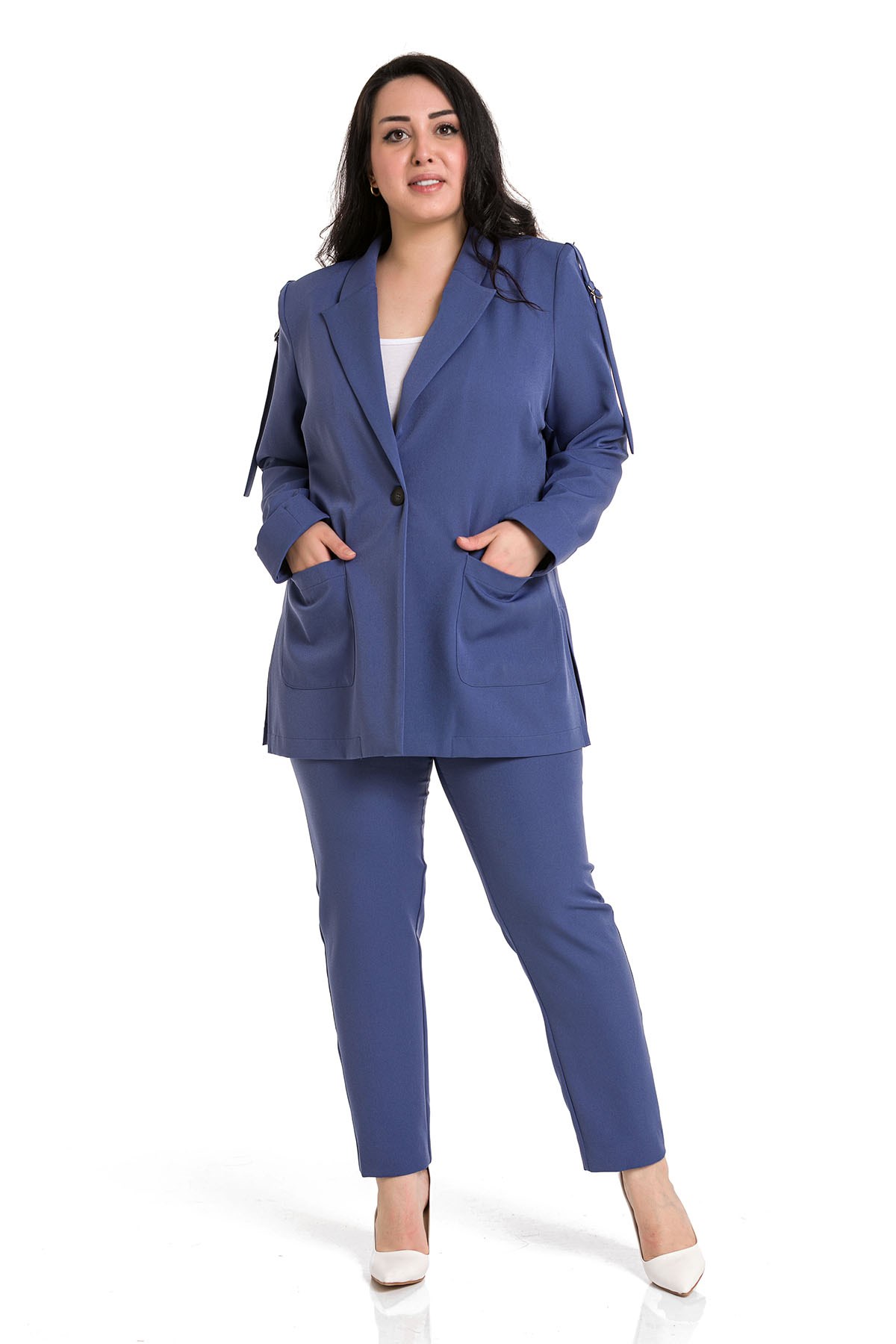 Plus Size İndigo Jacket with Shoulder Ribbon and D Buckle Detail and Side Slits