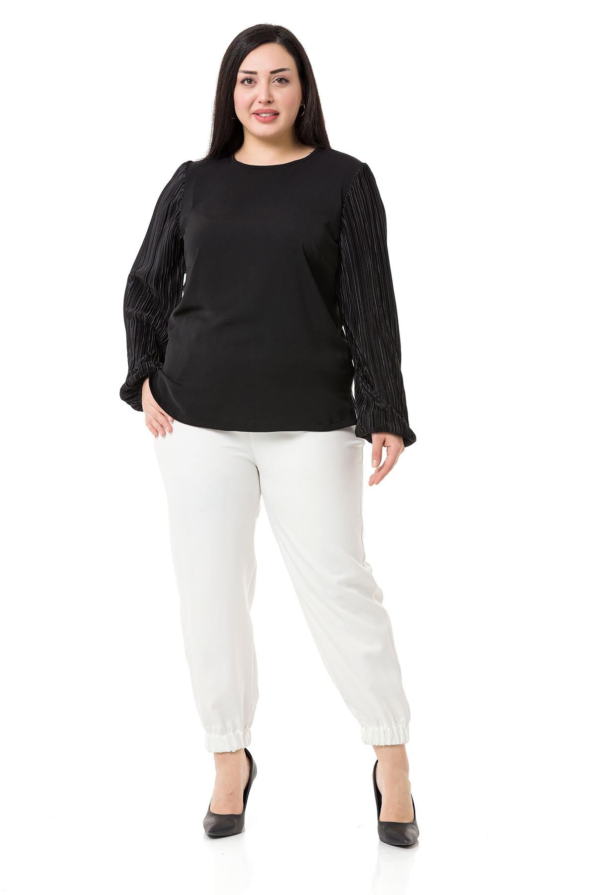 Plus Size Black Blouse with Elastic Cuffs Fabric Garnish and Side Slits