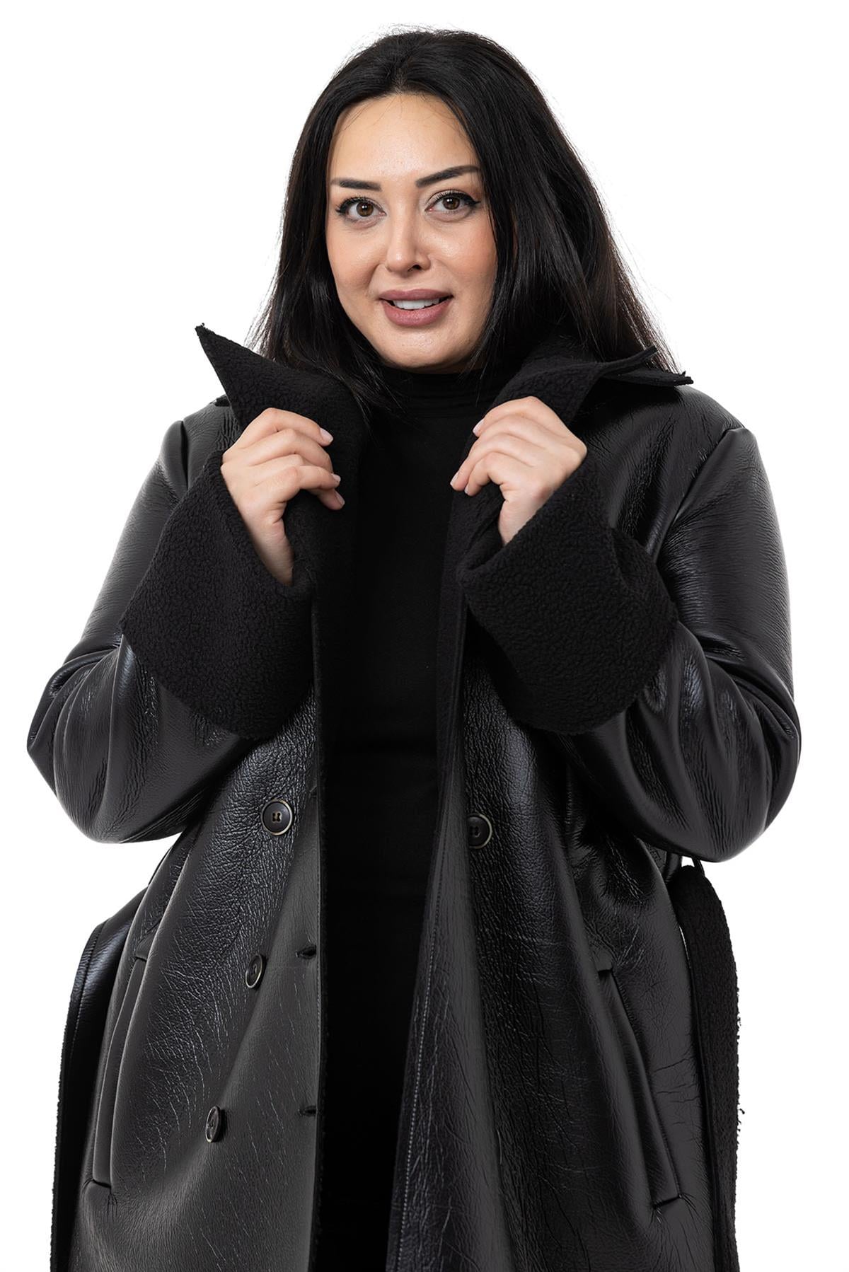 Plus Size Long Leather Black Overcoat with Arms and Fur Inside