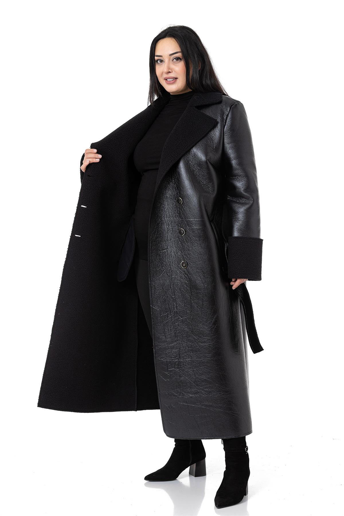 Plus Size Long Leather Black Overcoat with Arms and Fur Inside