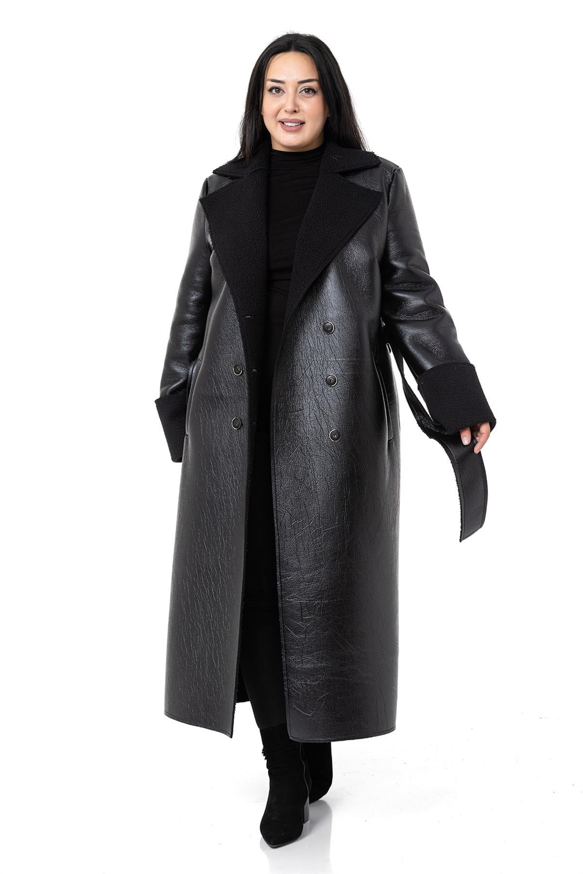 Plus Size Long Leather Black Overcoat with Arms and Fur Inside