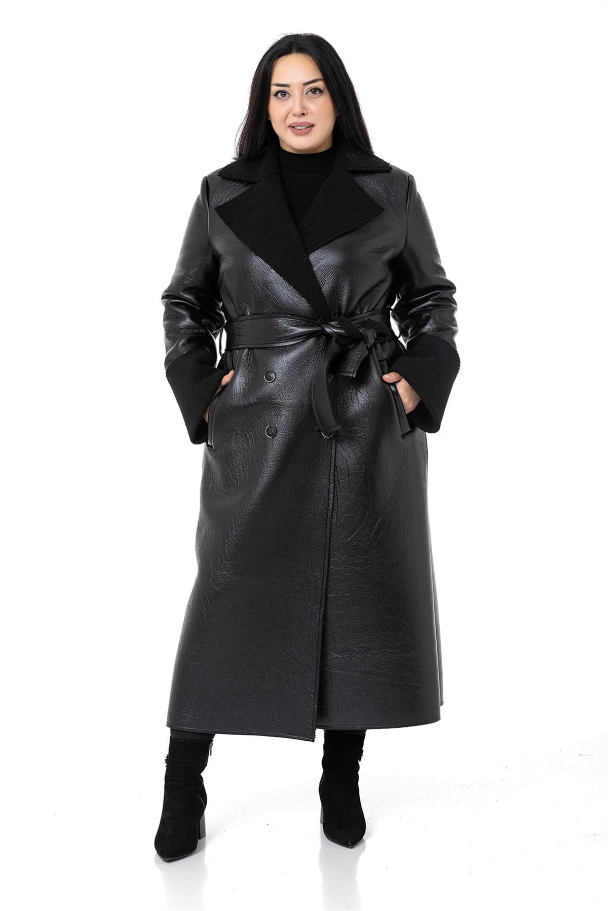 Plus Size Long Leather Black Overcoat with Arms and Fur Inside