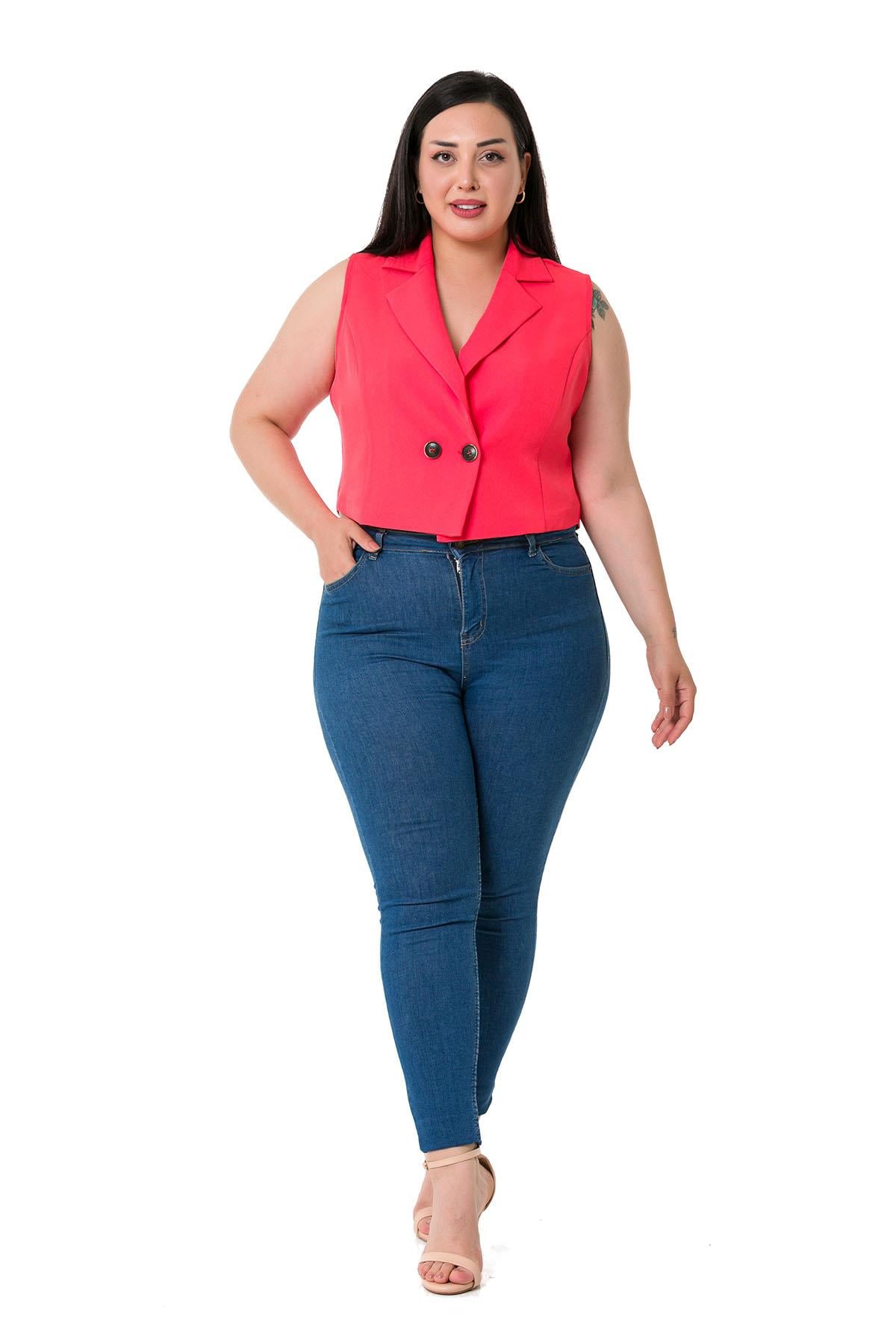 Plus Size Double Breasted Double Button Coral Mini Vest